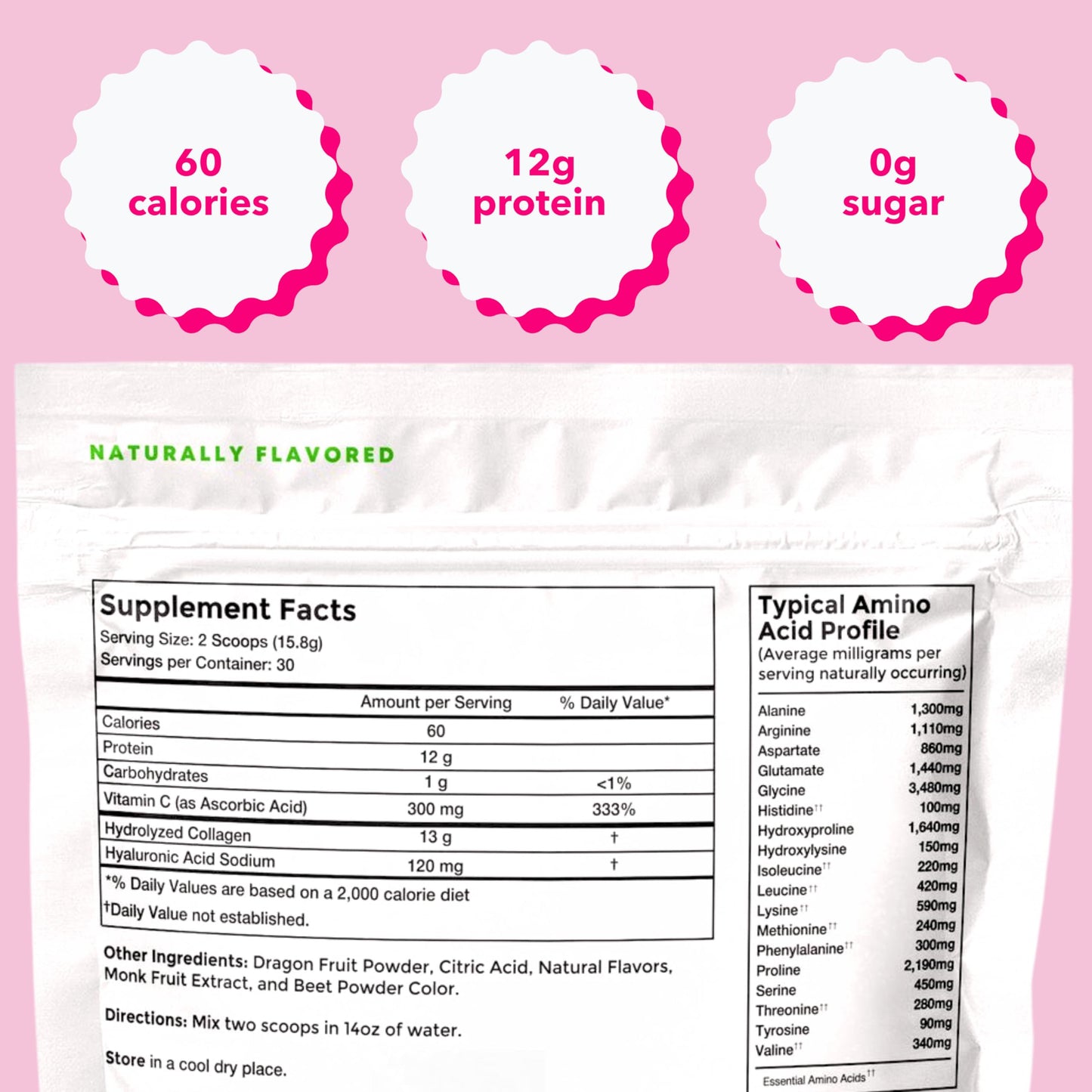 Pinky Collagen Peptides with Hyaluronic Acid & Vitamin C - Dragon Fruit Flavor Powder, 16.72 oz