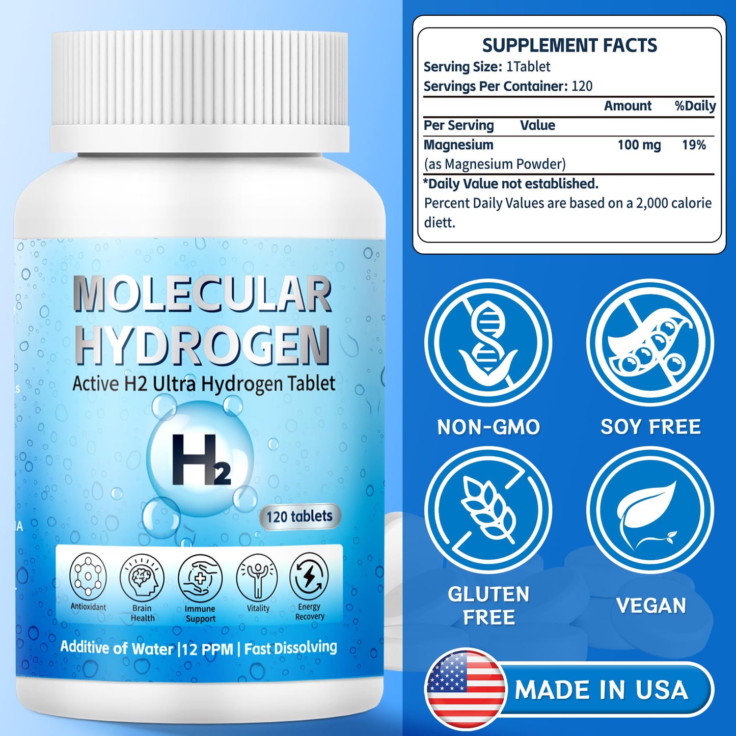 Crobirware Hydrogen Water Tablets with Magnesium - 12 PPM H2 Molecular Hydrogen, 120 Tablets