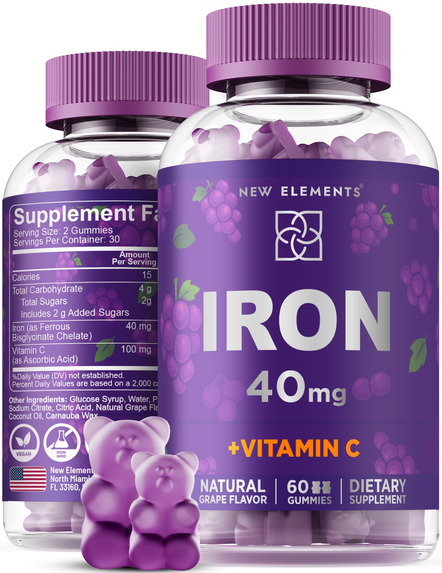 New Elements Iron Gummies 40mg with Vitamin C 100mg Gummy, 60 Count