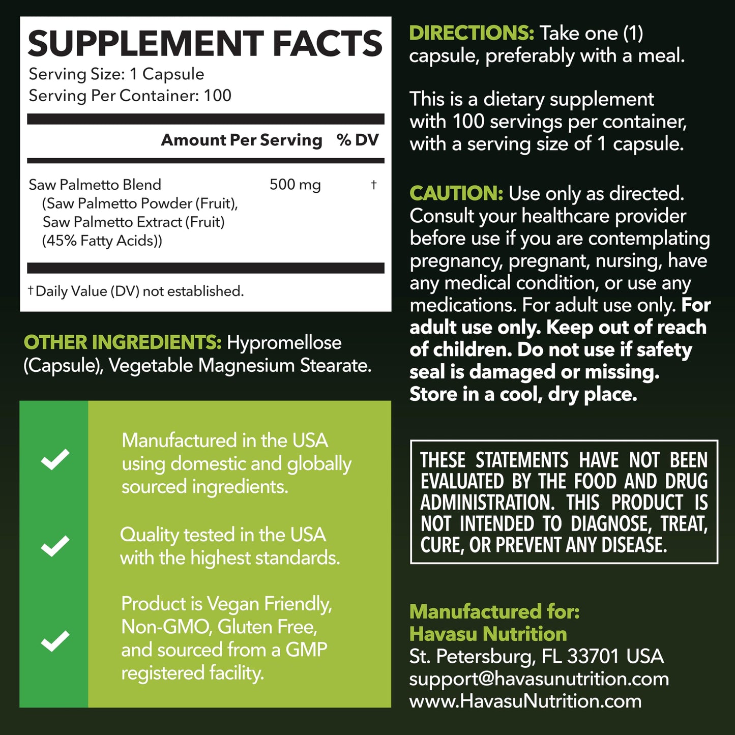 HAVASU NUTRITION Saw Palmetto for Men Prostate Health Supplement Capsules, 100 Count