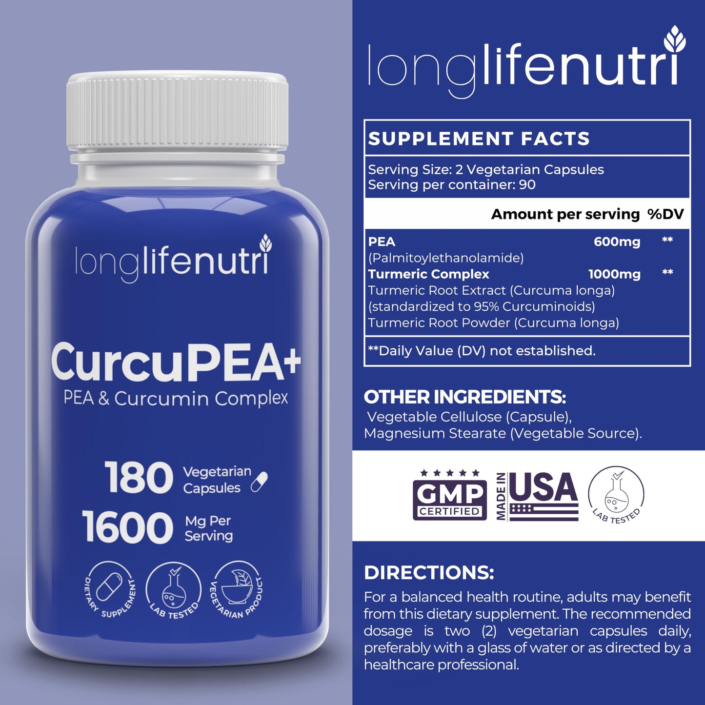 LongLifeNutri CurcuPEA+ Palmitoylethanolamide + Turmeric Complex Capsule, 180 Count