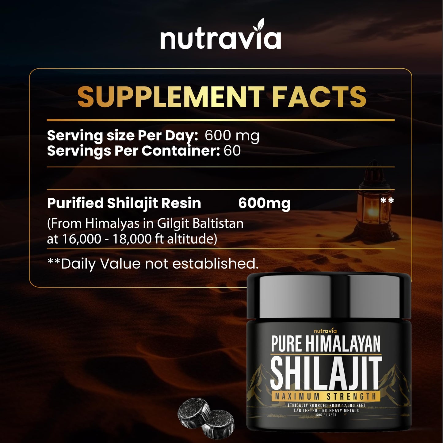 Nutravia Shilajit Capsule 600mg Max Strength with 85+ Trace Minerals Golden Grade (2 Capsules)