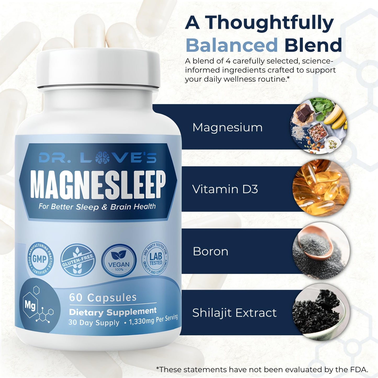 Dr. Love Magnesleep Magnesium Complex for Women and Men – Blended Supplement, 60 Capsules