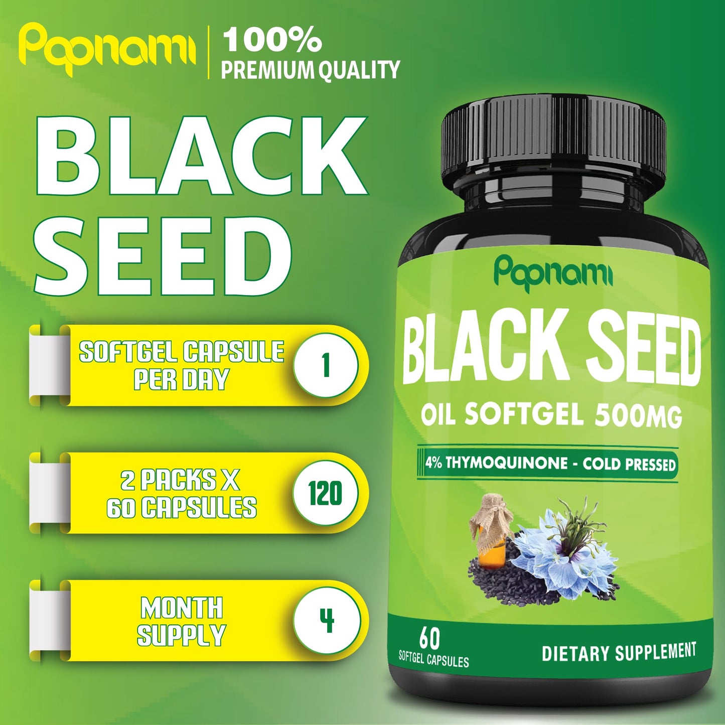 Papnami Premium Black Seed Oil Softgel Capsules, 120 Count