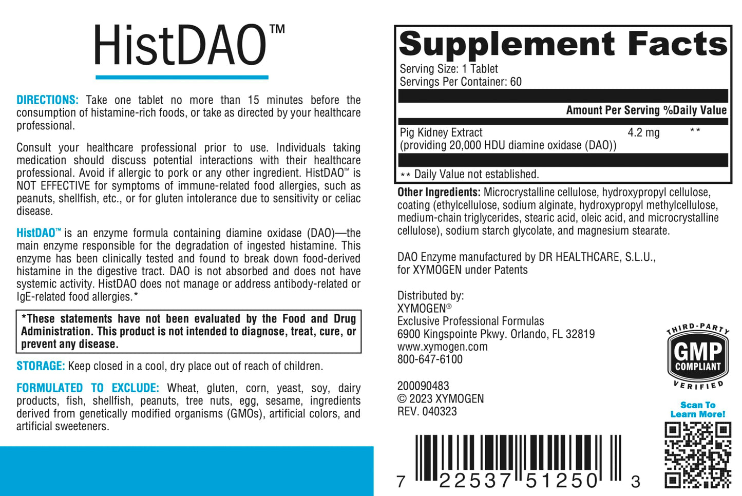 XYMOGEN HistDAO DAO Enzyme Supplement for Digestive Health Support Diamine Oxidase from Pig Kidney Extract 20,000 HDU per Serving Gluten-Free & Dairy-Free 60 Tablets