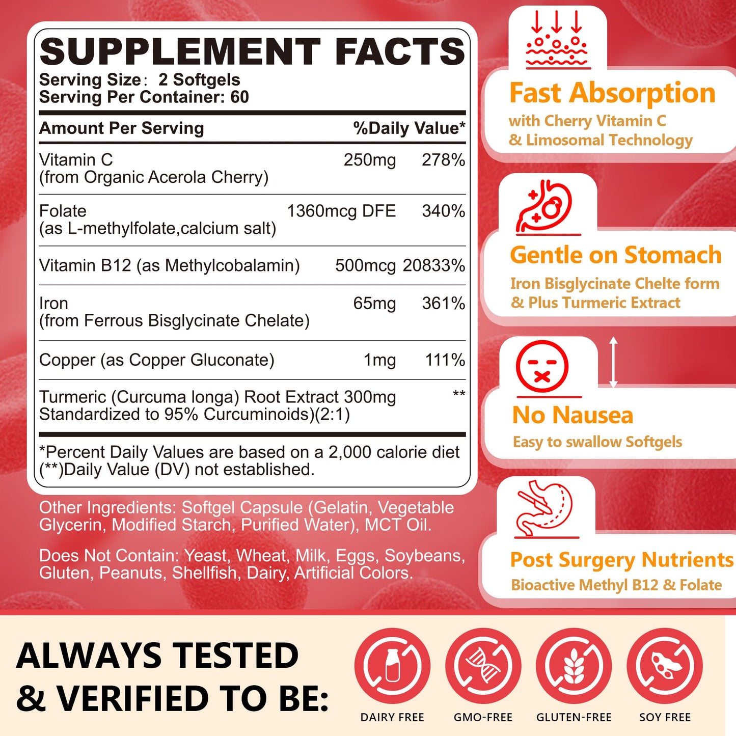 Nextdia Liposomal Iron Bisglycinate 65mg with Vitamin C Softgels, 240 Count