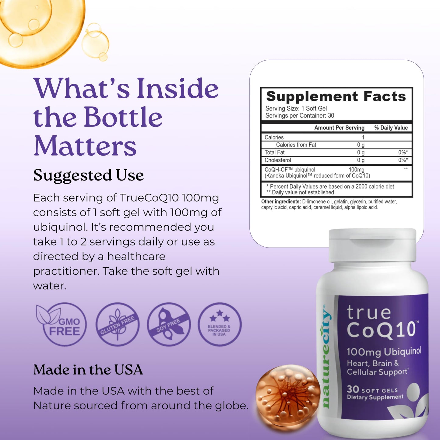 NatureCity True-CoQ10 Ubiquinol 100mg Highly Absorbable and Stabilized Kaneka QH CoQ10 Heart, Brain and Cellular Energy Supplement Softgels 30