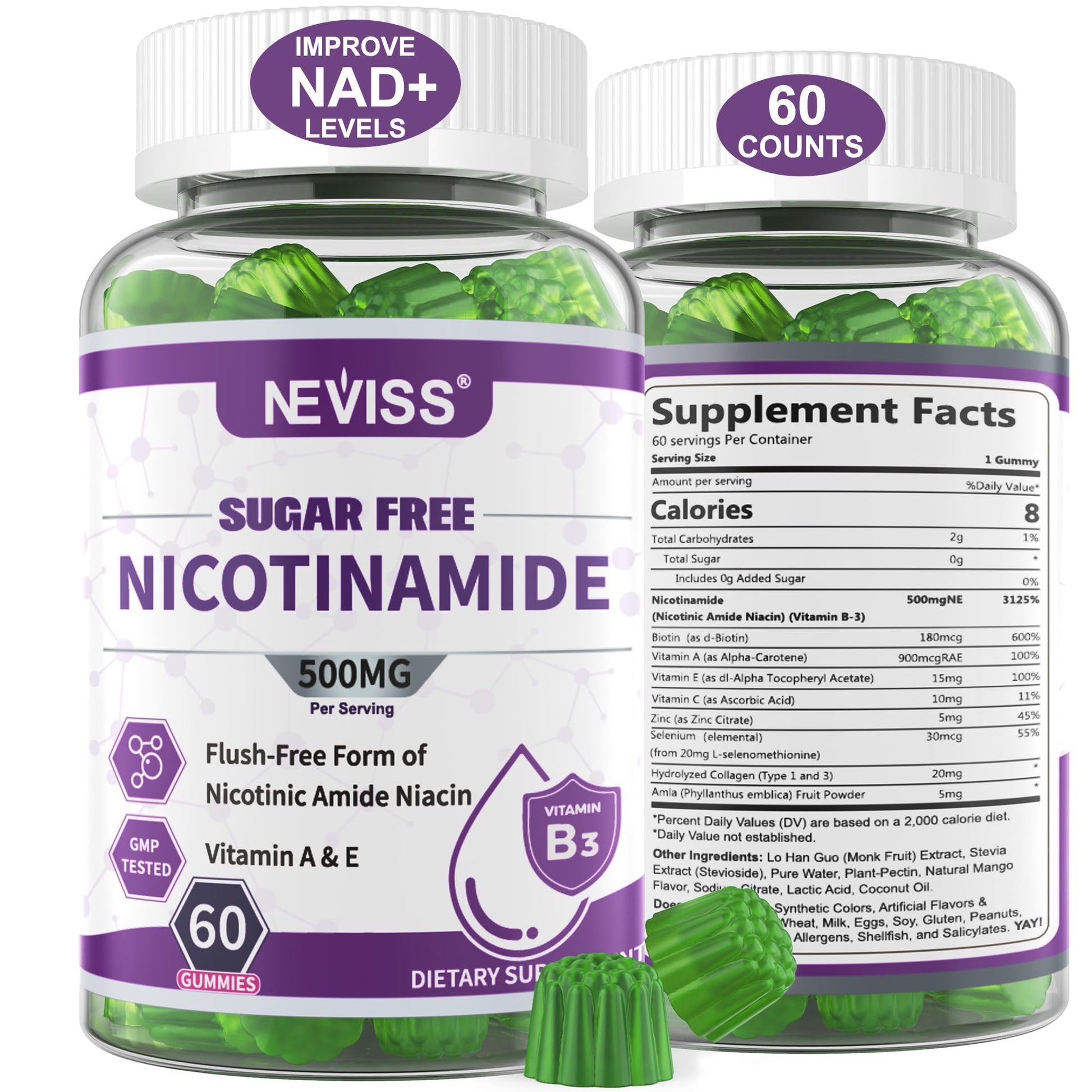 NEVISS Nicotinamide 500mg Gummies, 60 Count