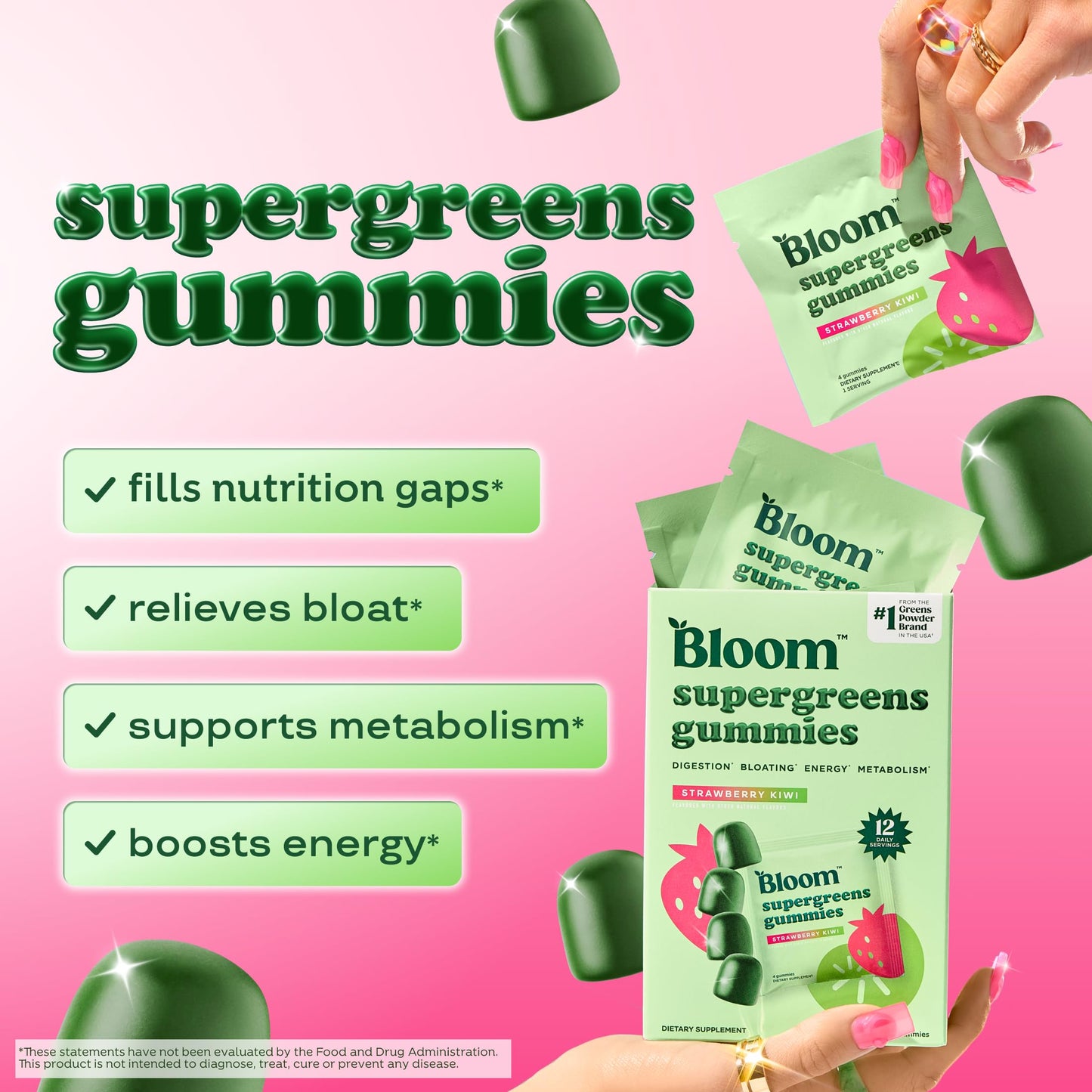 Bloom Nutrition Super Greens Gummies, Daily Greens Superfood Fiber Gummies with Fruits, Vegetables, Vitamins & Minerals for Digestive & Gut Health, Bloating Support, Strawberry Kiwi, 1 Count