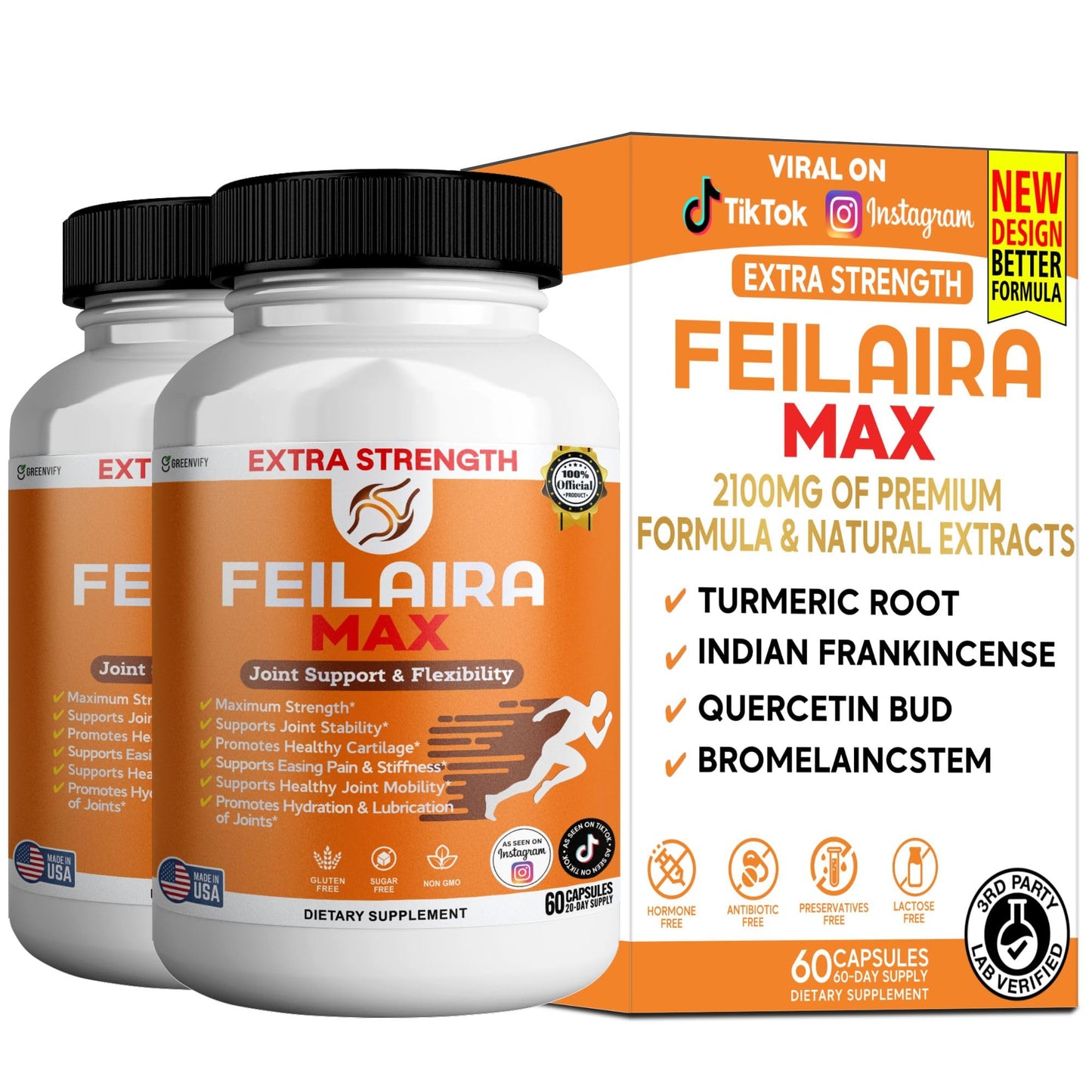 GREENVIFY Feilaira Max Extra Strength Joint Support Supplement 1500mg Glucosamine, 120 Capsules