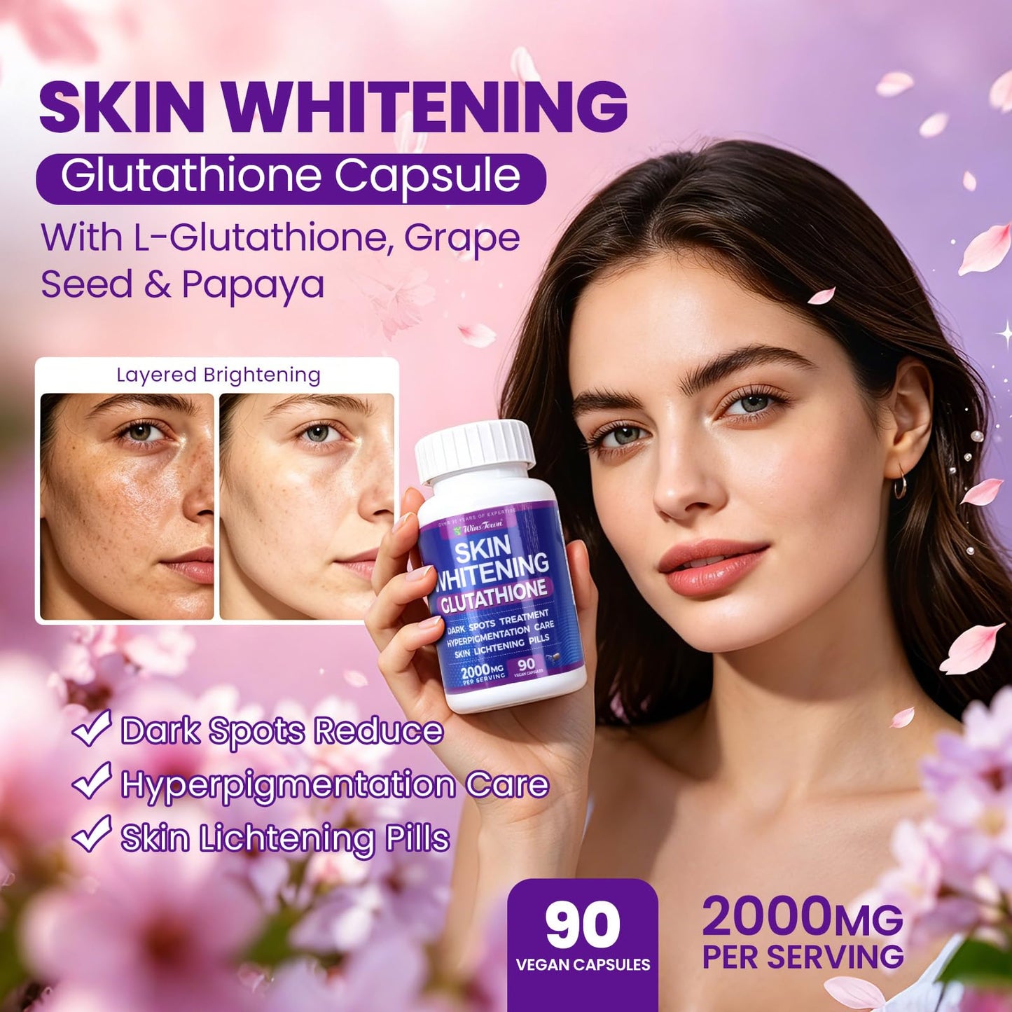 Wins Town Skin Whitening Glutathione Capsules, 90 Count