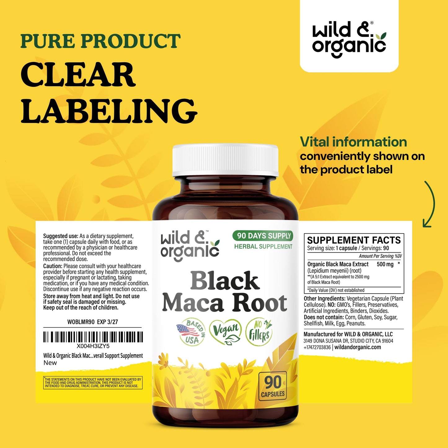 Wild & Organic Black Maca Root Capsules 500 mg, 90 Count