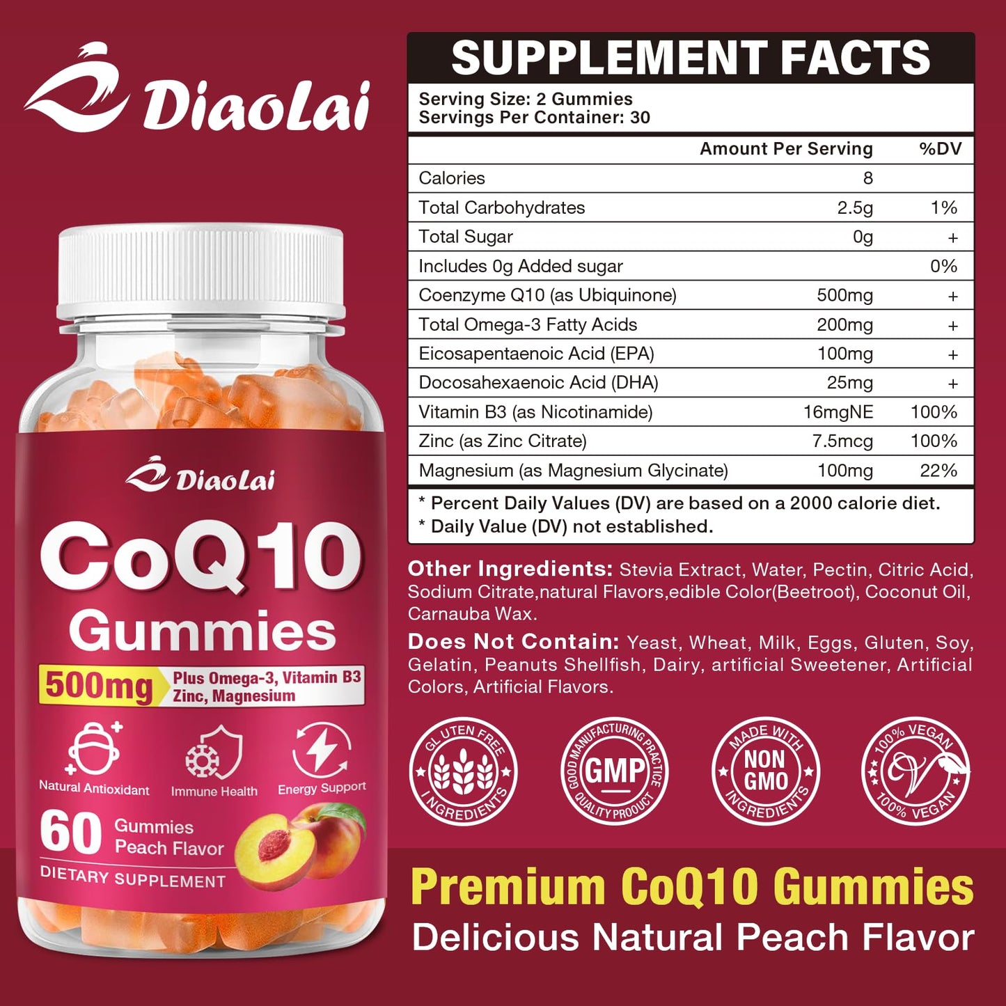 DIAOLAI CoQ10 Gummies, 2 Pack, 500mg per Serving with Omega-3 (EPA & DHA), B3 & Zinc, Supports Immunity & Energy, Orange Flavor, Non-GMO, Gluten-Free