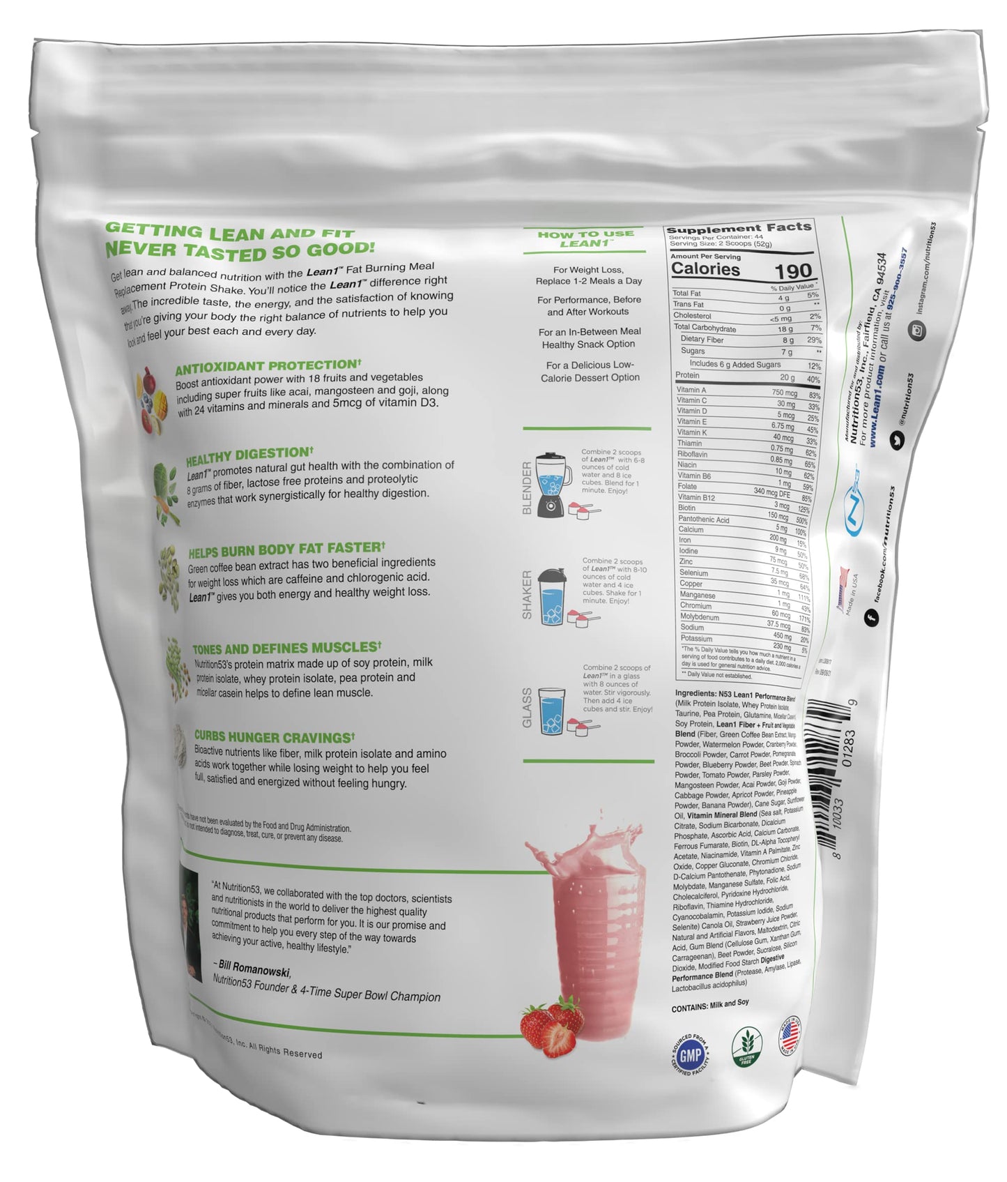 LEAN1 Meal Replacement Protein Shake Powder, Strawberry Flavor, 80 oz