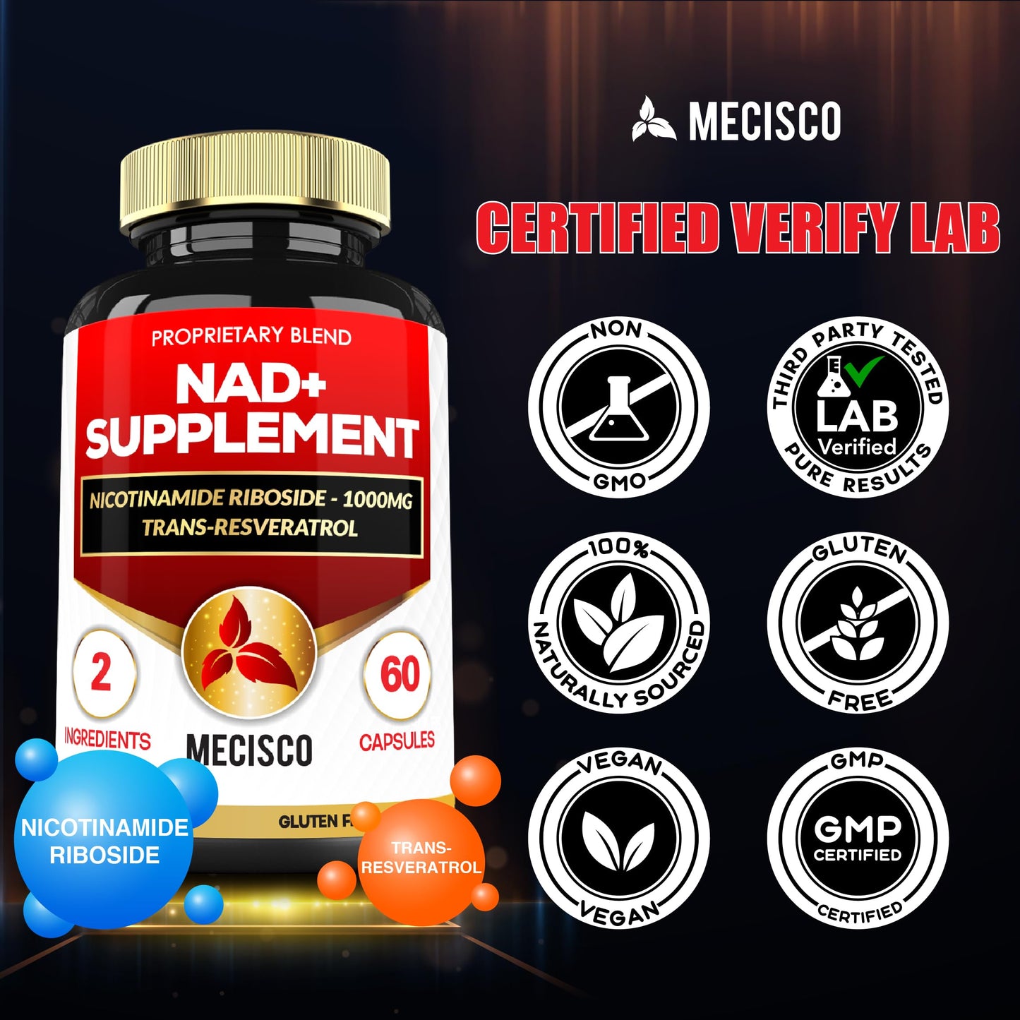 Mecisco 2in1 Supplement with Nicotinamide Riboside & Resveratrol Capsule 60 Count