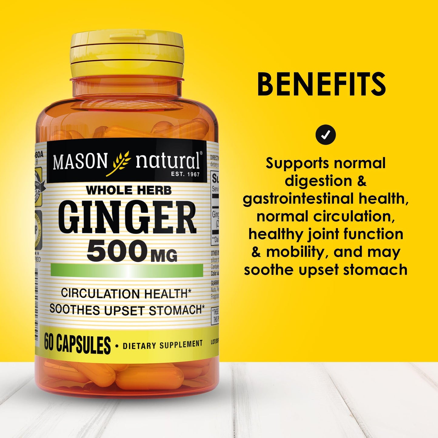 Mason Natural Whole Herb Ginger 500 mg Capsule, 180 Capsules