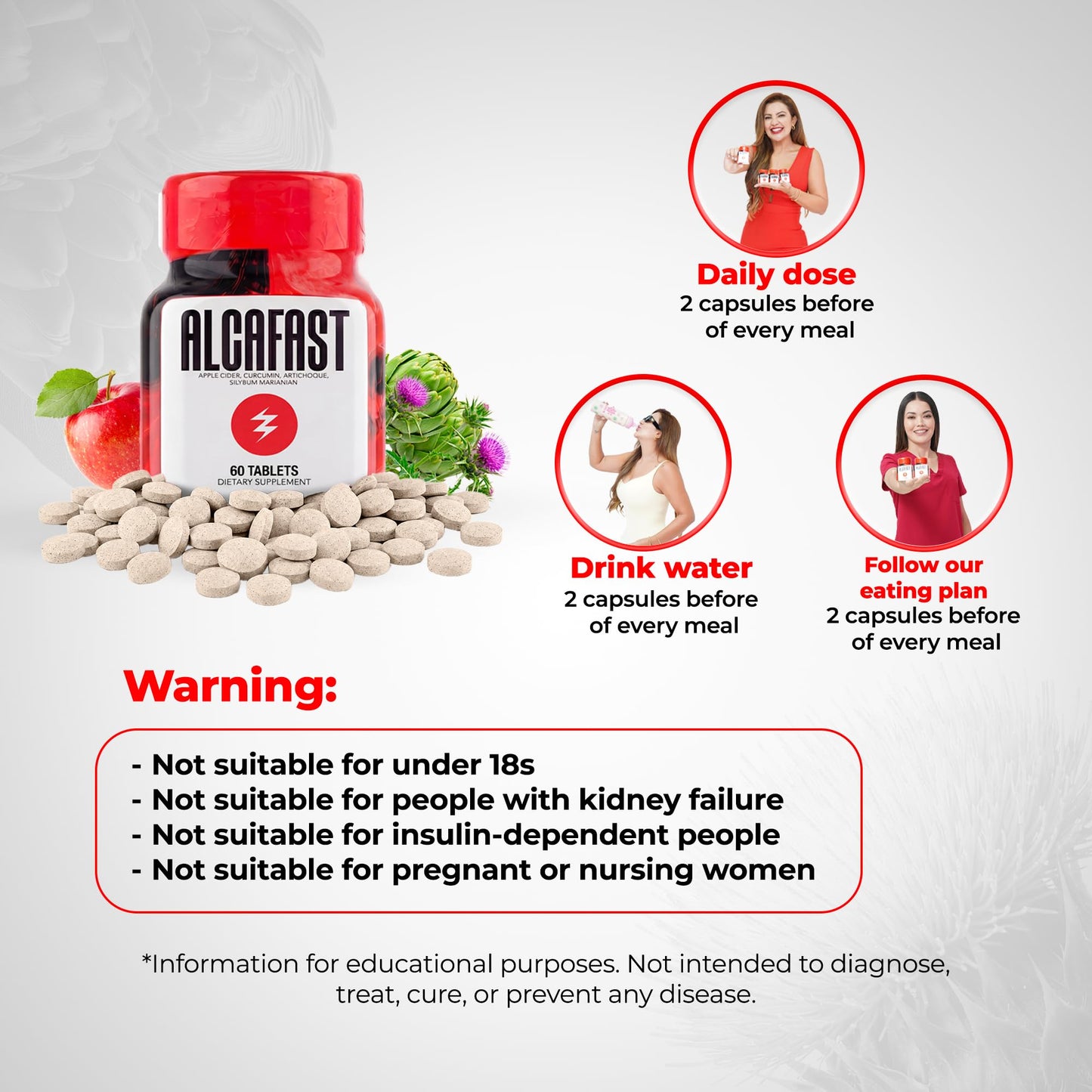 ALCAPLUS Alcafast Dietary Supplement 3-Pack – Apple Cider Vinegar, Turmeric, Artichoke & Milk Thistle – Plant-Based Formula for Daily Wellness & Routine Support – 180 Tablets