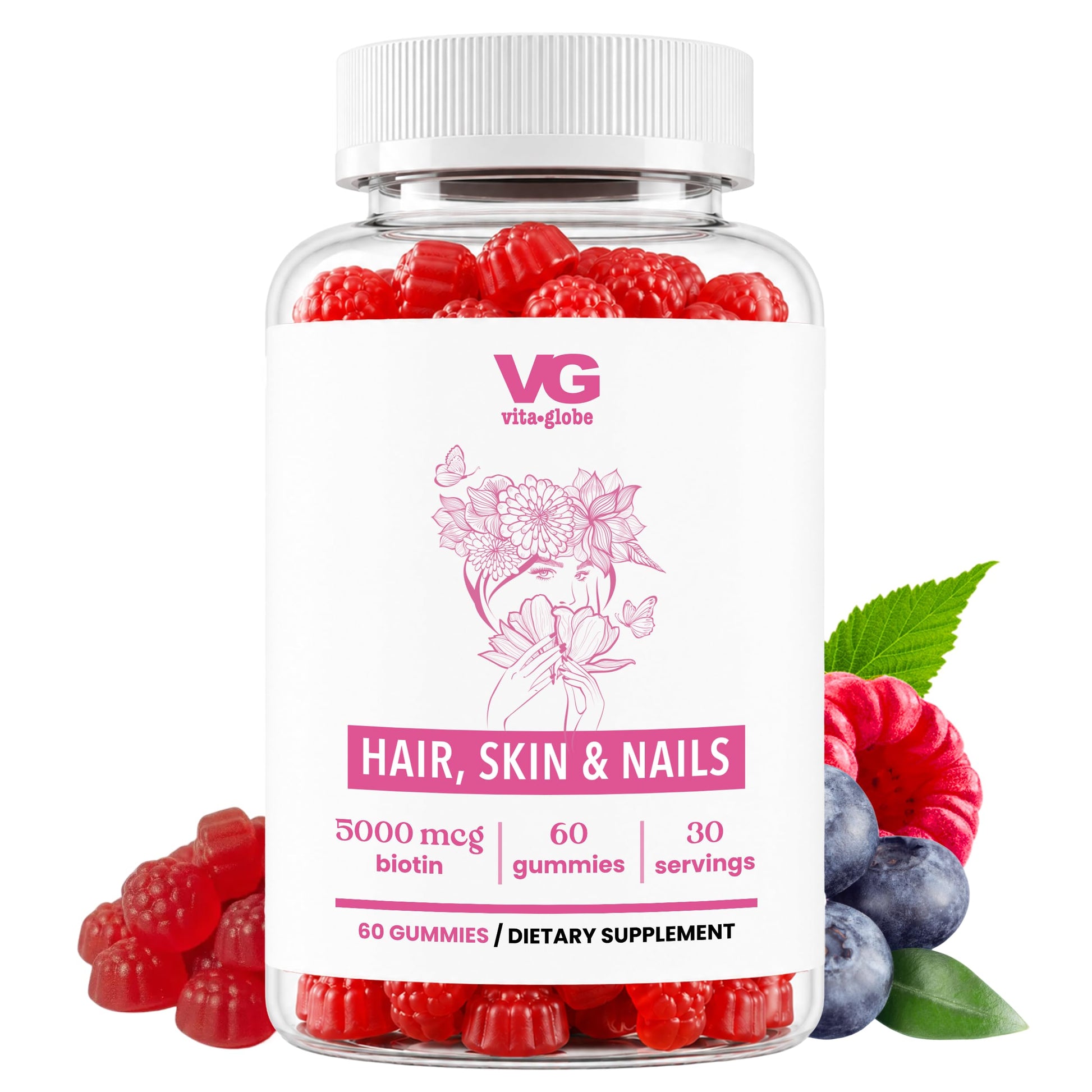 VITA GLOBE Hair, Skin & Nails + Collagen Gummies – 20mg with Vitamins A, C, D, E, B6 & Biotin, Beauty & Wellness Supplement for Healthy Hair Growth, Radiant Skin & Strong Nails, 60 Count