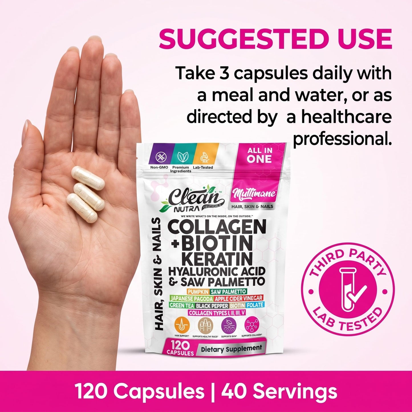 Clean Nutraceuticals Multimane Collagen Biotin Keratin Hyaluronic Acid Saw Palmetto Pumpkin Japanese Pagoda Apple Cider Vinegar Green Tea Black Pepper Folate Hair Skin Nails Formula Capsules 120 Count