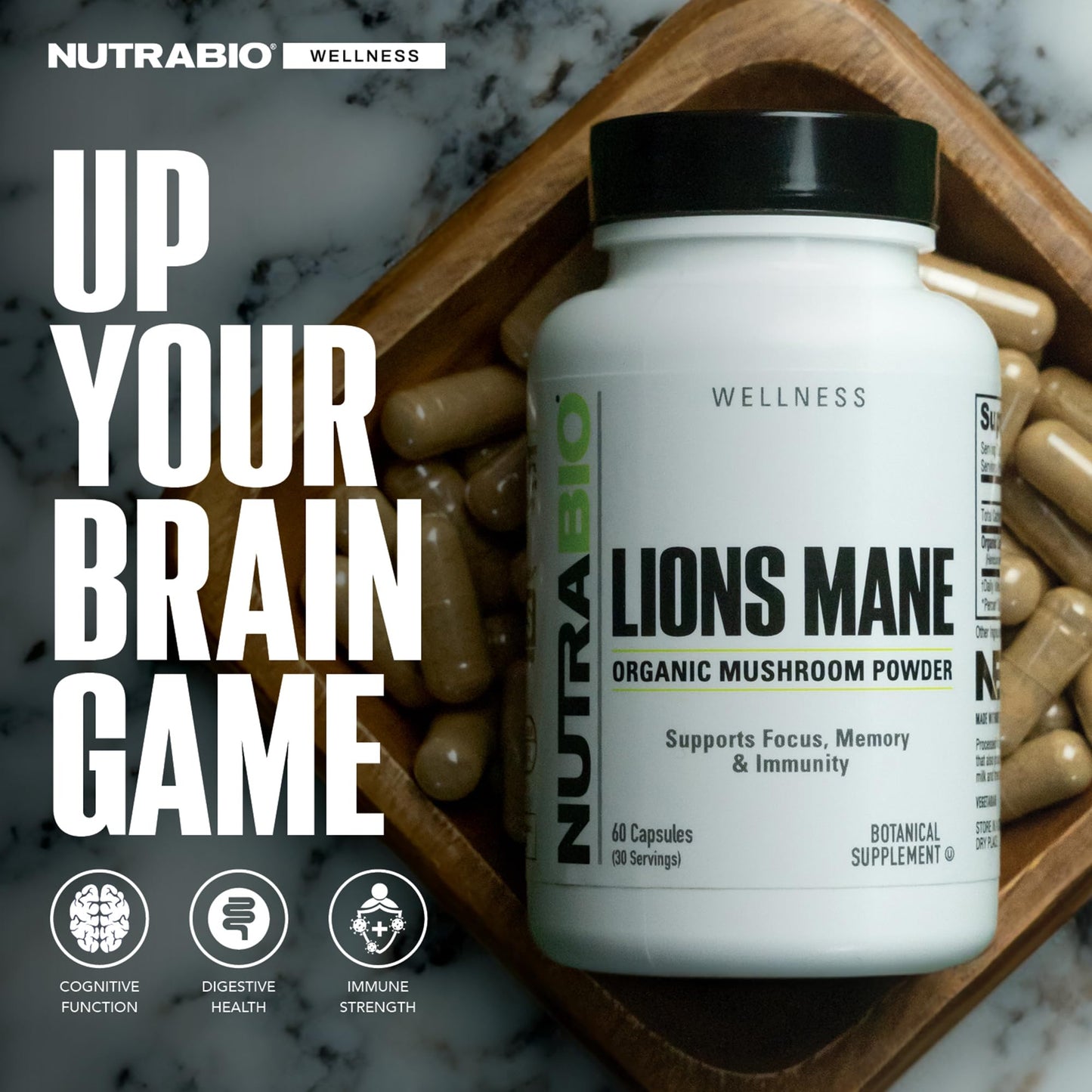 NutraBio Organic Lion's Mane Mushroom Supplement Vegetable Capsules, 60 Count