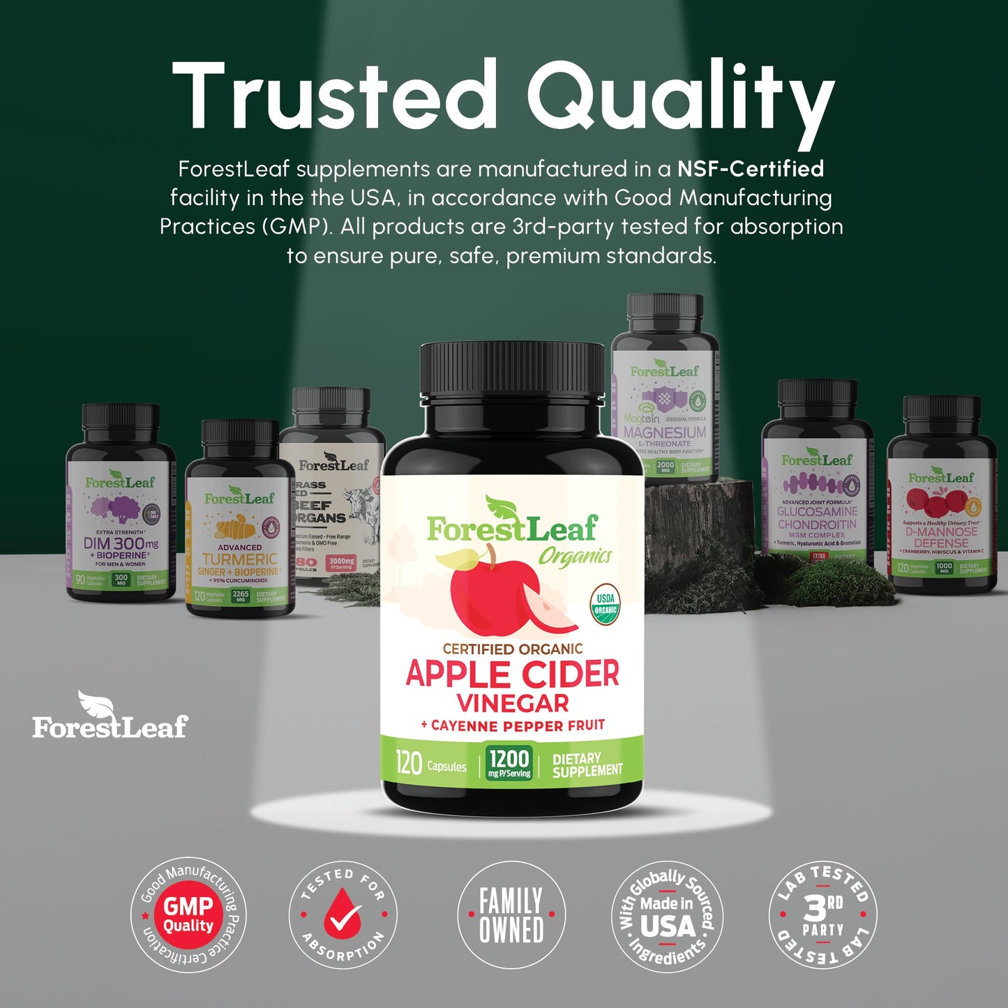 ForestLeaf USDA Organic Apple Cider Vinegar Capsules with Mother 1200 mg, 120 Capsules