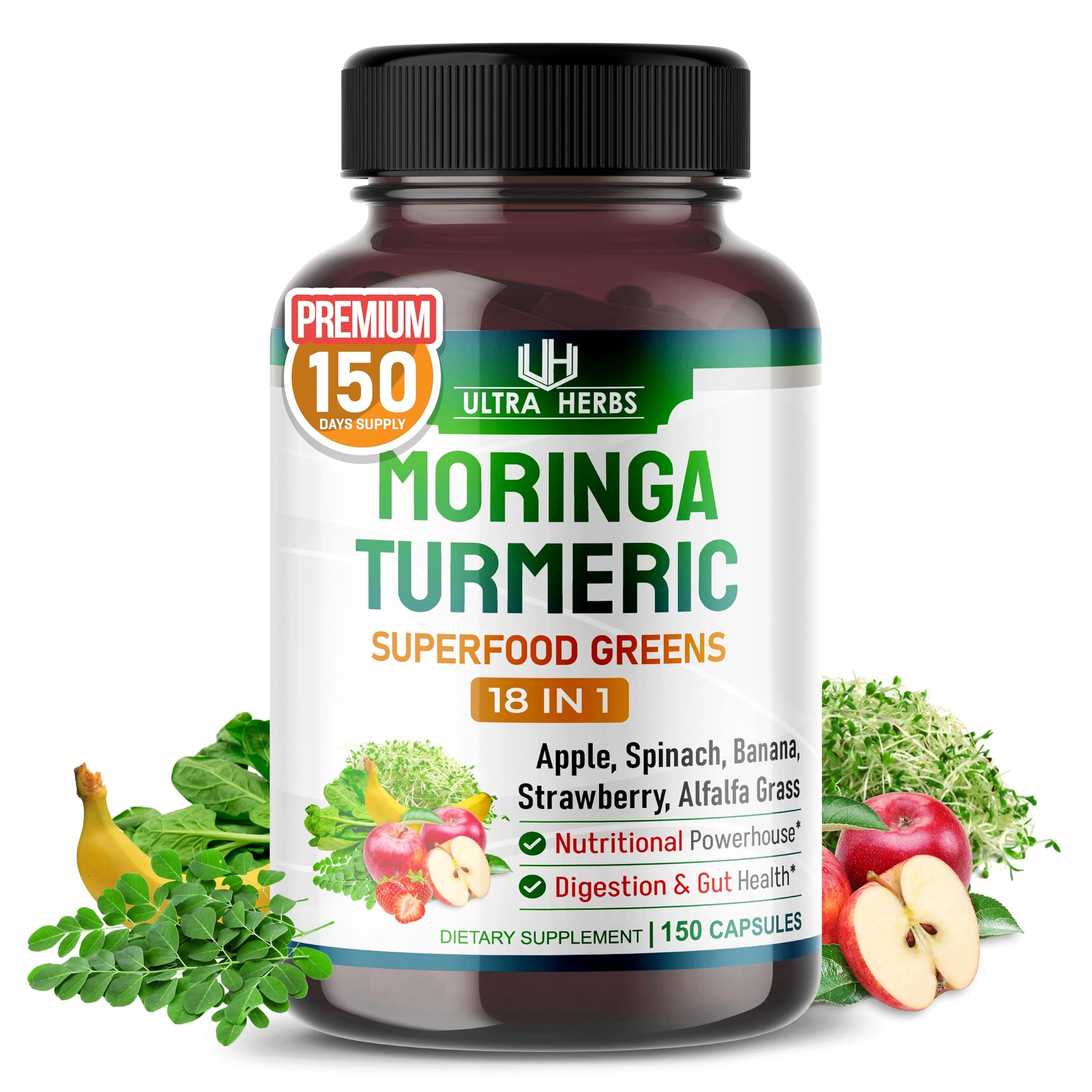 ULTRA HERBS Superfood Greens 18 in 1 with Fruits & Vegetables & Herbs - Moringa, Alfalfa, Apple, Spinatch, Banana, Strawberry - Boost Energy, Immunity and Gut Health, 150 Capsules