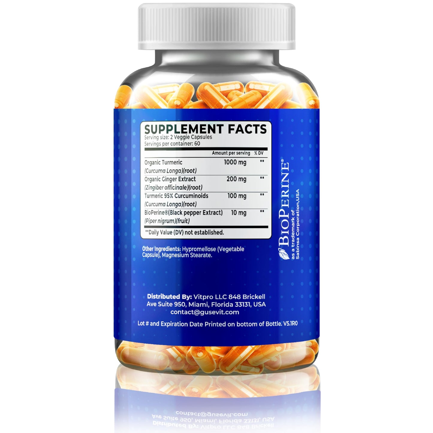 Gusevit Turmeric + Ginger Extract + BioPerine for Best Absorption (Black Pepper Extract), 1,300+ mg per Serving, Turmeric 95% Curcuminoids, 120 Capsules