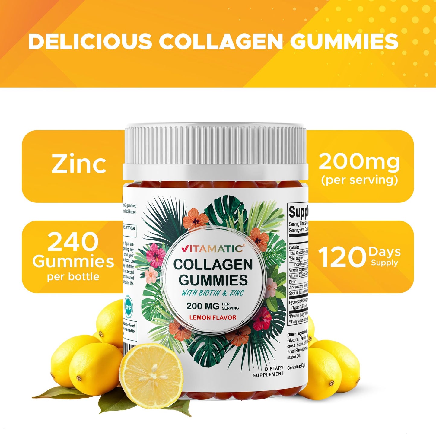 Vitamatic Hydrolyzed Collagen Gummies with Vitamin C, Zinc and Biotin, 200 mg - Healthy Skin Support, 240 Gummies