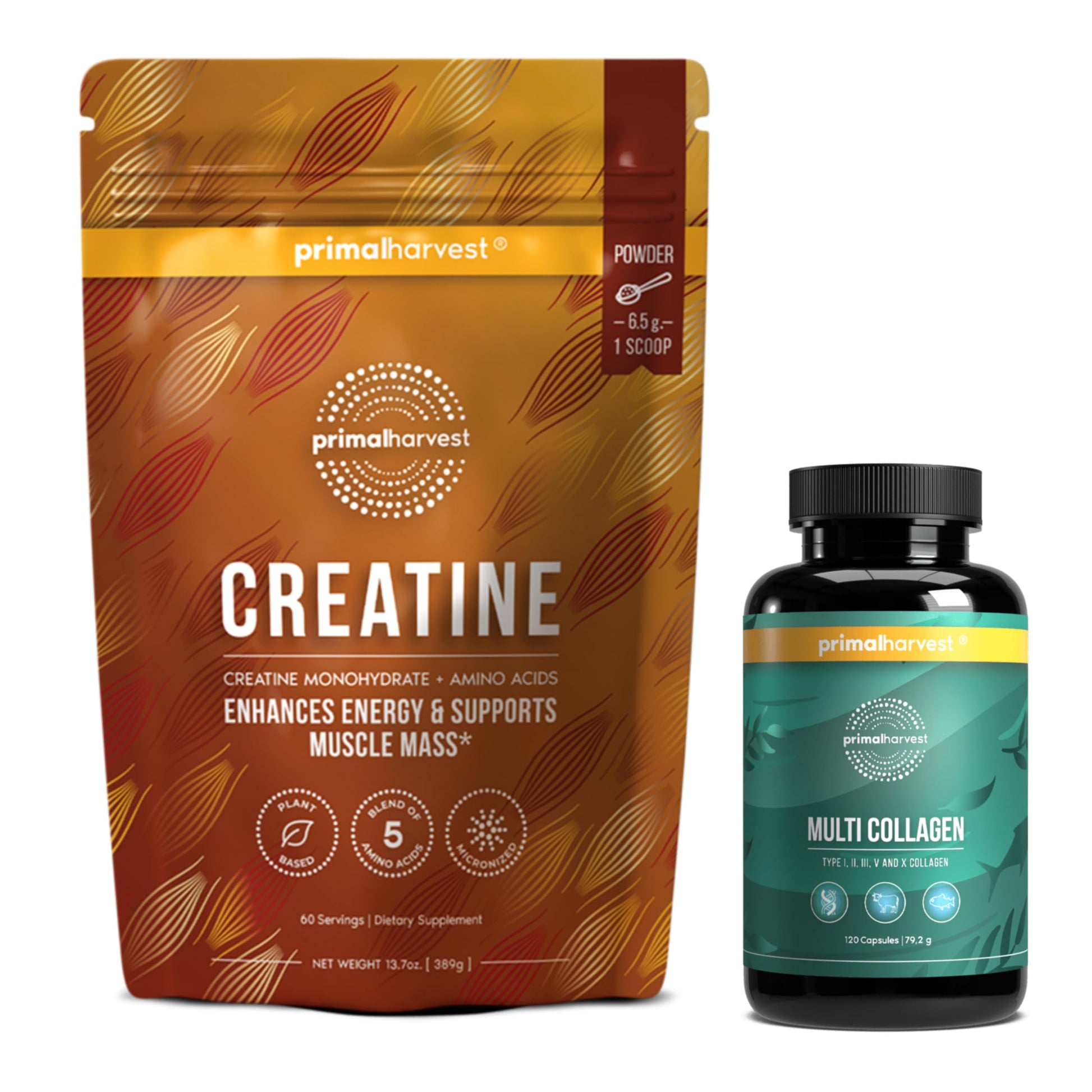 Primal Harvest Primal Creatine Powder + Primal Multi Collagen Capsules Bundle, 2-Pack, 30 Servings Each