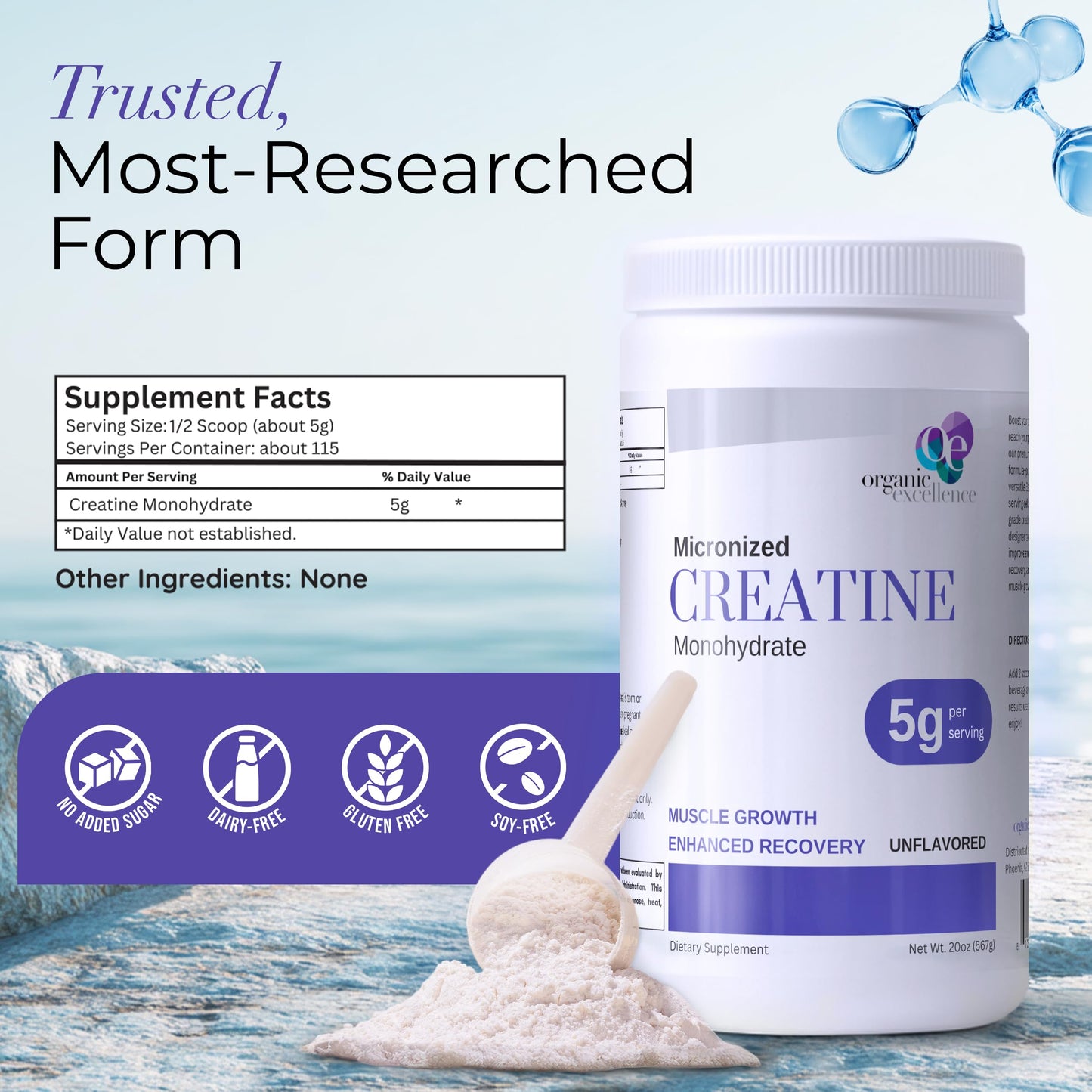 Organic Excellence Creatine Monohydrate Micronized Creatine Powder – Unflavored, 0.18 Ounce