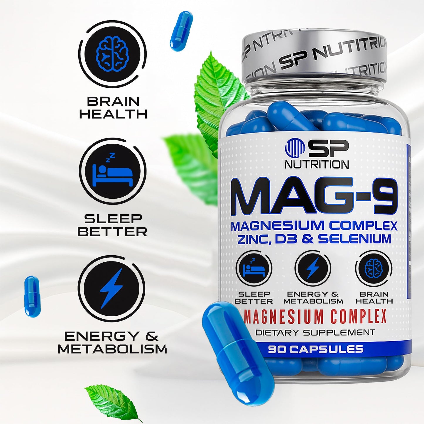 S Nutrition MAG-9 Magnesium Complex, Zinc, D3 & Selenium for Sleep & Energy Support, 90 Capsules