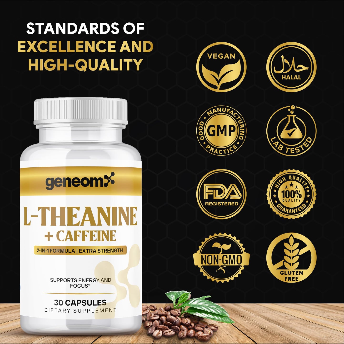 Geneomx L-Theanine + Caffeine Supplement Extra Strength 2-in-1 Formula for Mental Clarity, Energy and Focus with Natural Green Coffee Bean Extract Capsule, 30 Count