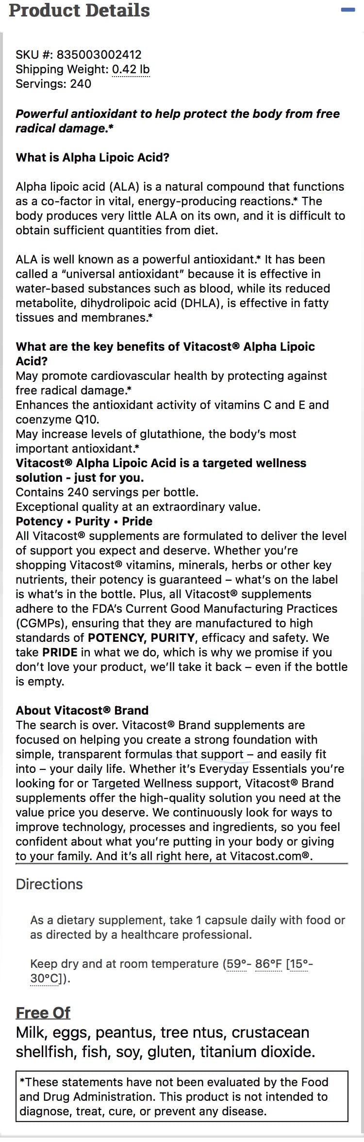 Vitacost Brand Alpha Lipoic Acid Capsule 240 Count