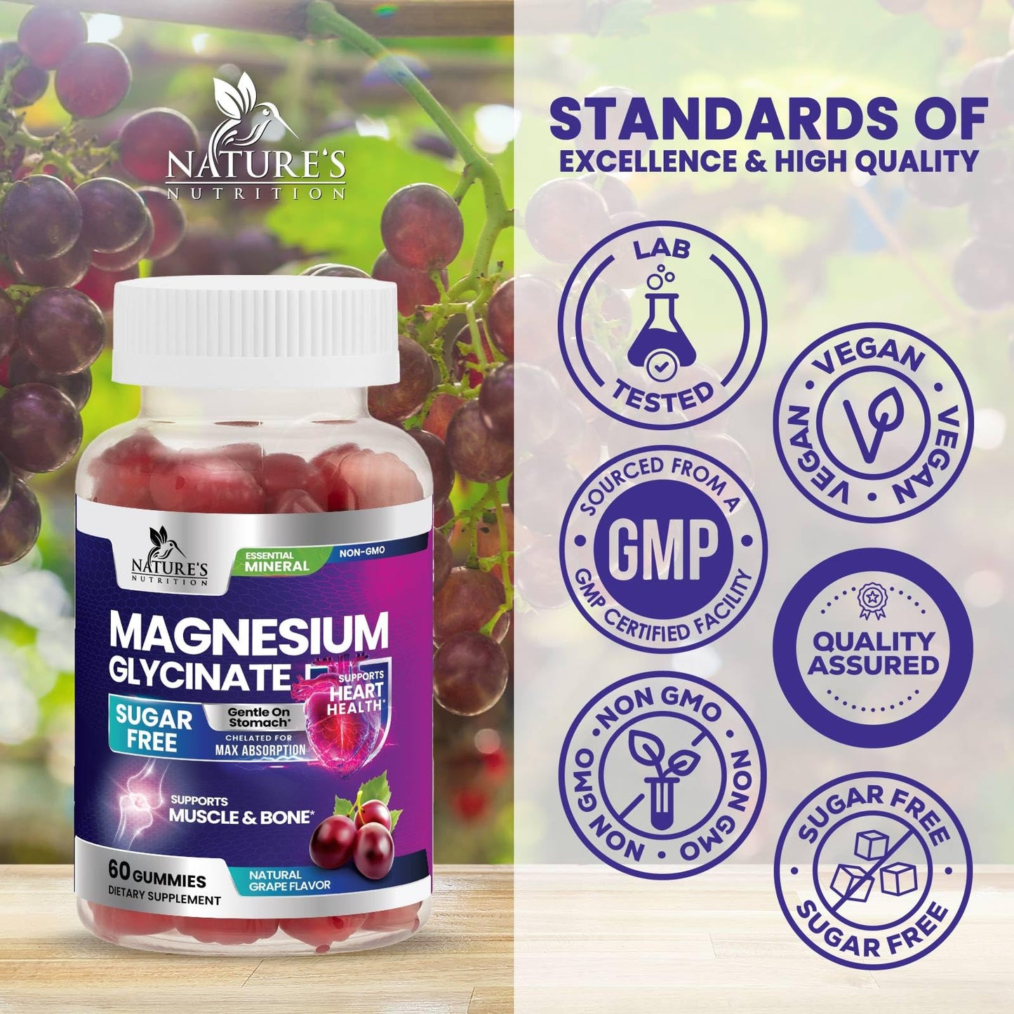Nature's Nutrition Magnesium Glycinate Supplement Gummies, 60 Gummies