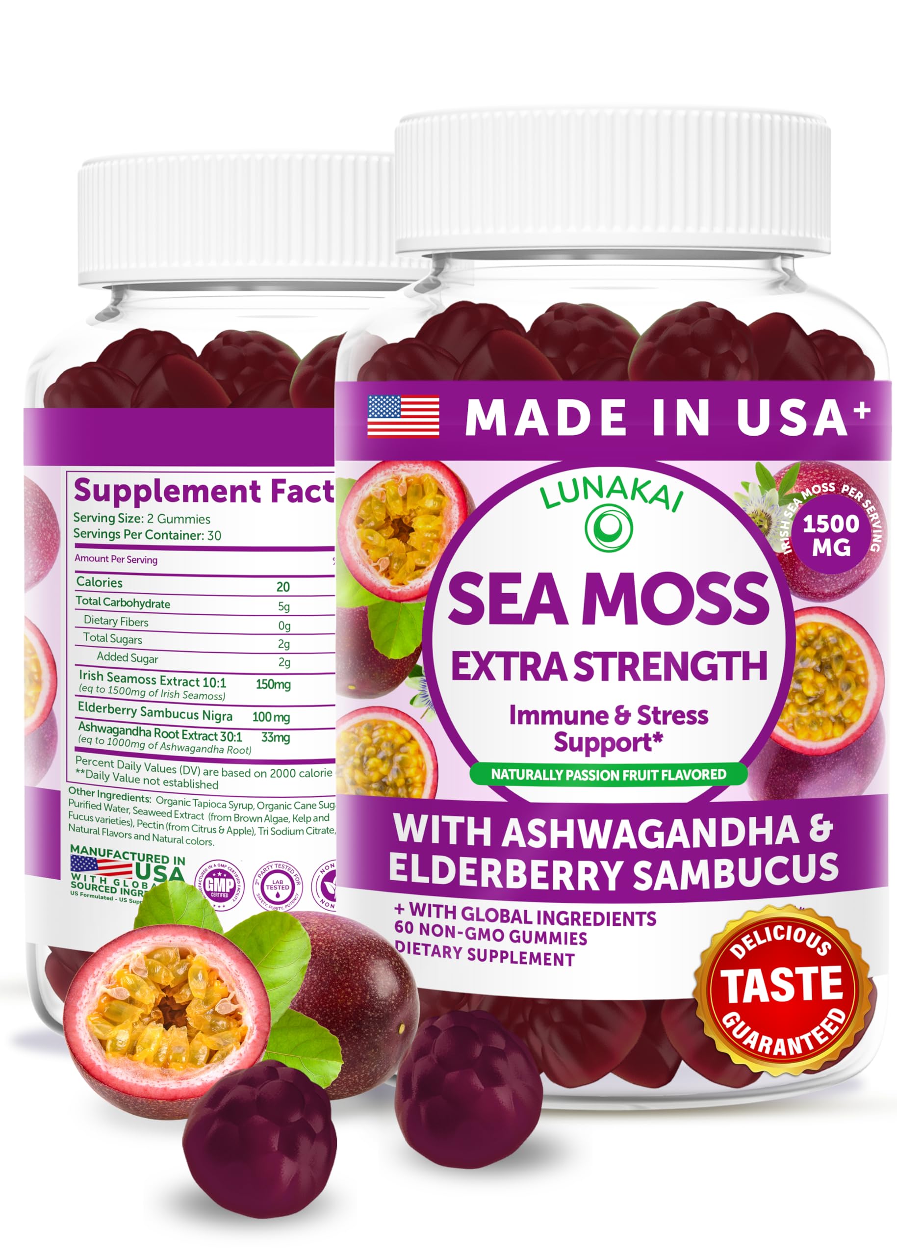 Lunakai Irish Sea Moss Gummies with Ashwagandha & Elderberry – USA Made Immune & Stress Support, 60 Gummies