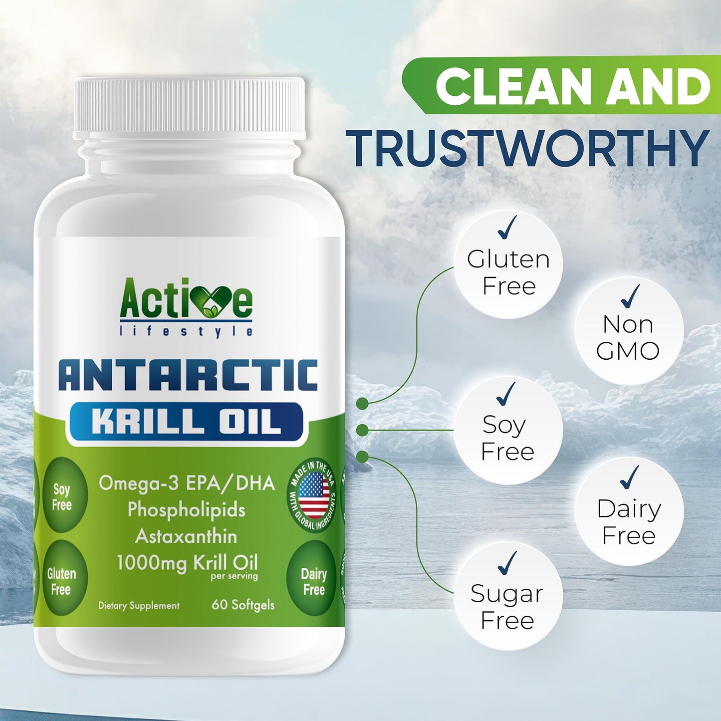 Active Lifestyle Antarctic Krill Oil Supplement Softgels 60