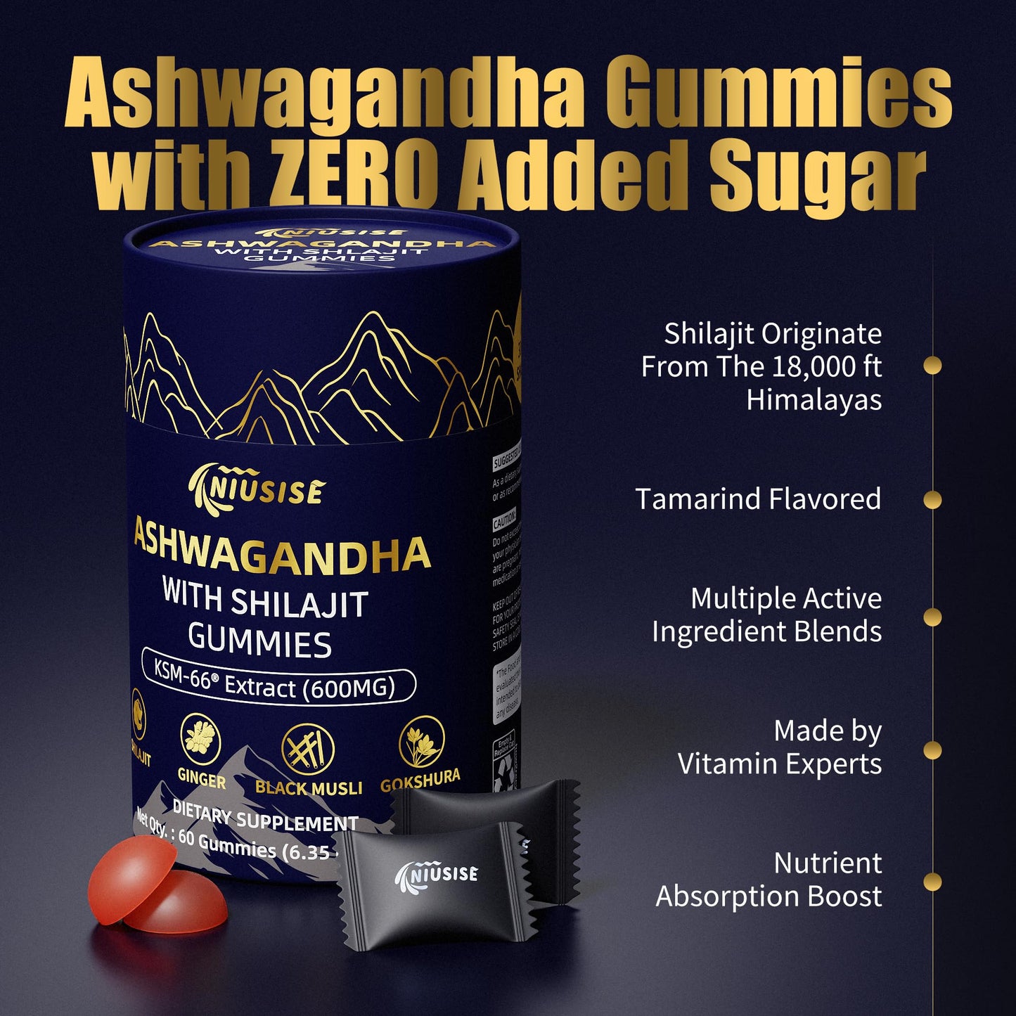 NIUSISE Ashwagandha with Shilajit 300mg Gummy 60 Count
