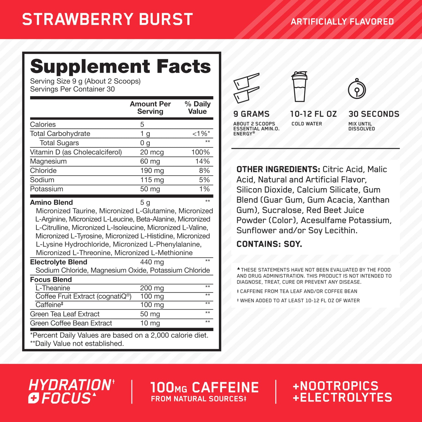 Optimum Nutrition Amino Energy Powder Plus Focus, with BCAA, Electrolytes, and Caffeine, Juicy Strawberry, 9.5 oz