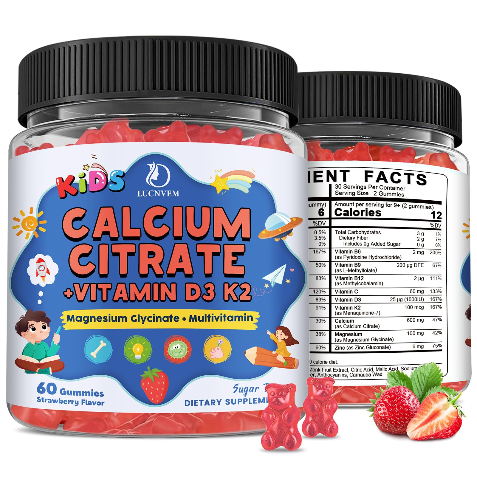 LUCNVEM Kids Calcium Citrate Gummies with Vitamin D3, Calcium Citrate 300/600 mg with Magnesium Zinc & Multivitamin, Sugar Free Strawberry, 120 ct