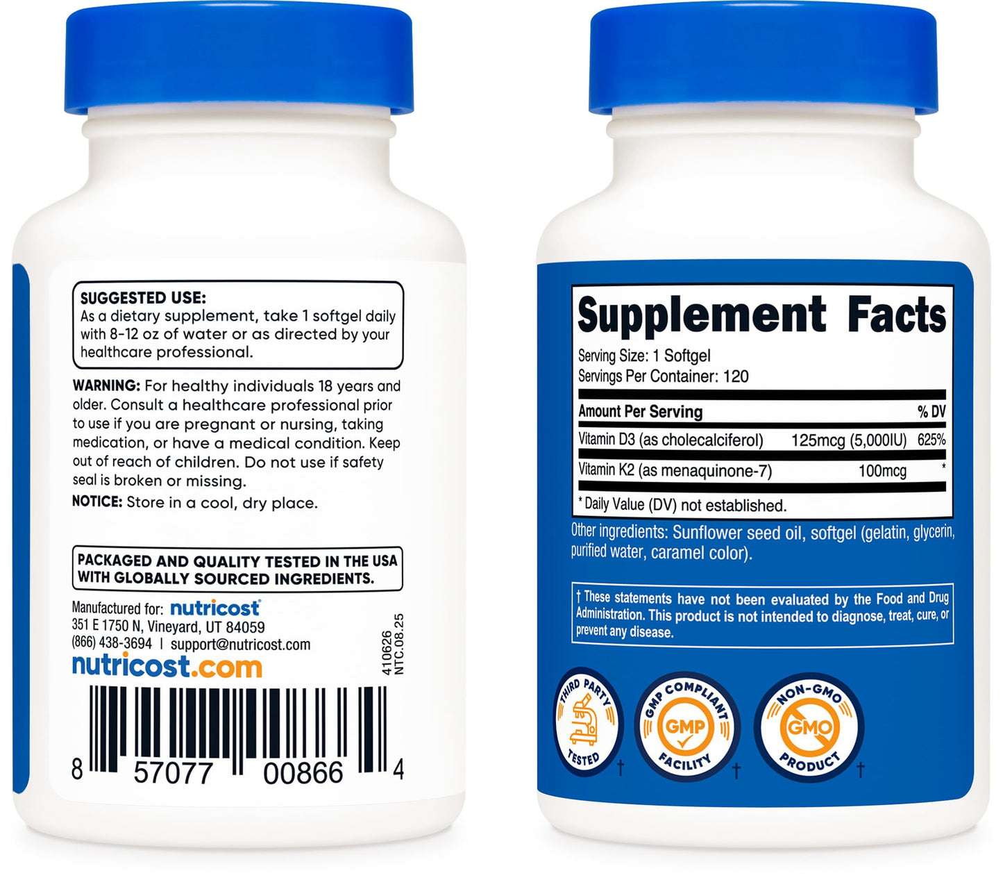 Nutricost Vitamin K2 (MK7) (100mcg) + Vitamin D3 (5000 IU) Softgels, 240 Count