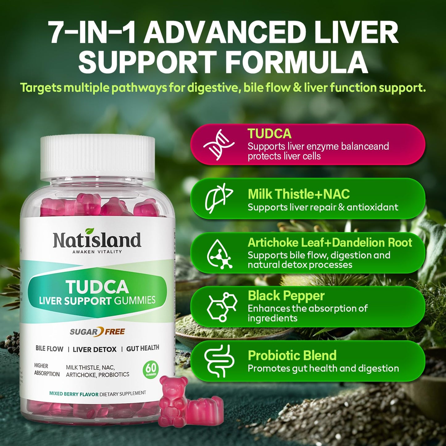 NATISLAND TUDCA Supplement 1000mg Gummies, 60 Count