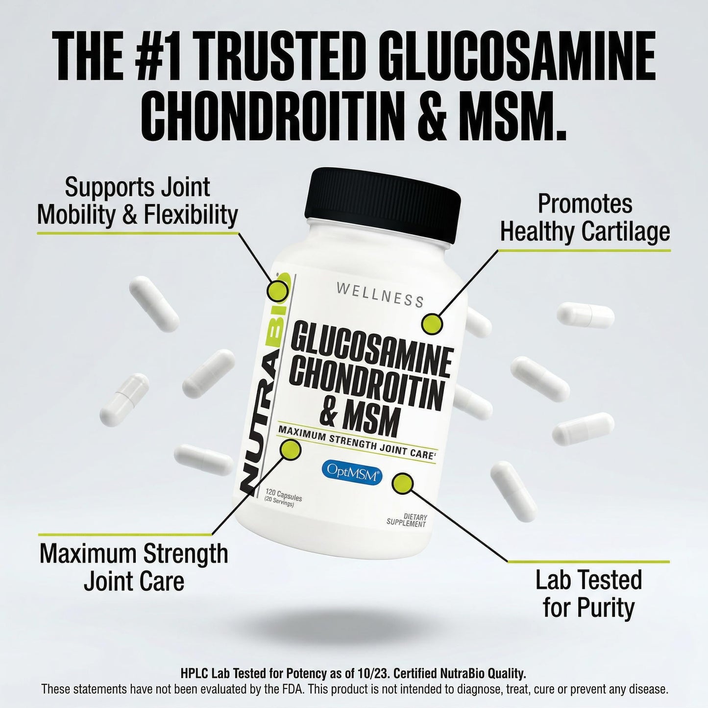 NutraBio Glucosamine Chondroitin & OptiMSM Joint Support Formula Supplement, 120 Capsules