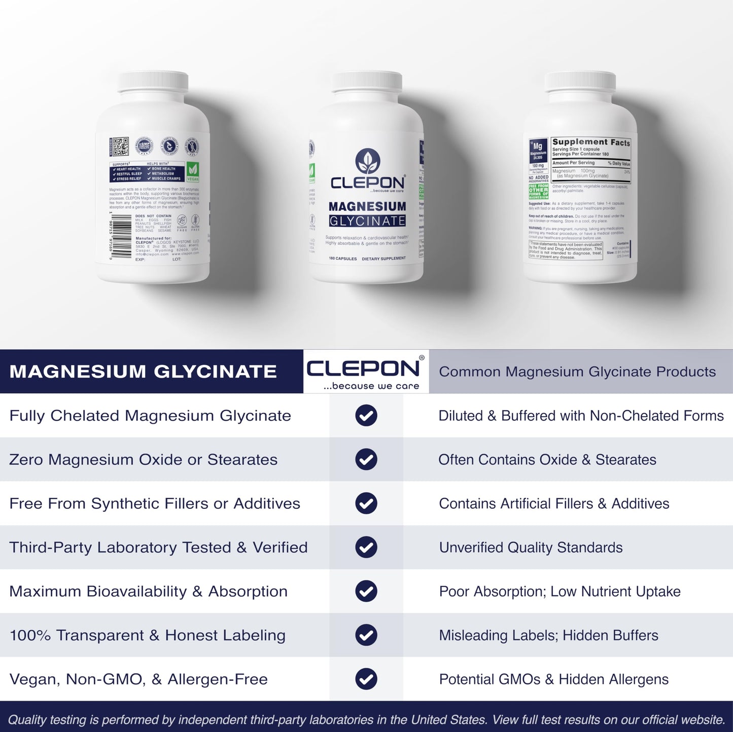 CLEPON Magnesium Glycinate Capsules, 180 Count