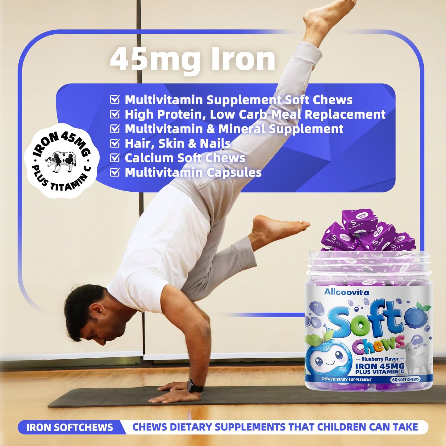 Allcoovita Iron Soft Chews Supplement with Vitamin C 60 Count