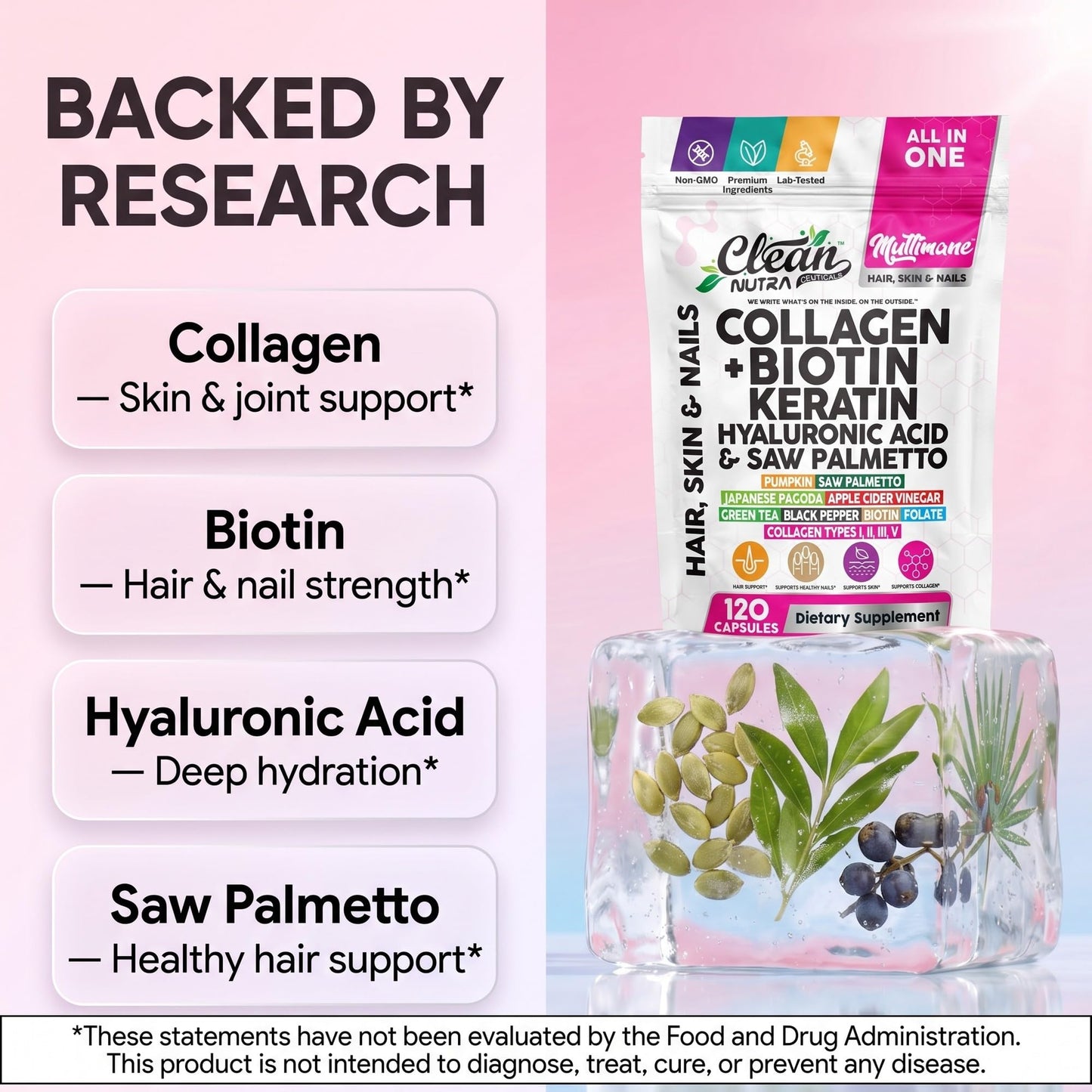 Clean Nutraceuticals Multimane Collagen Biotin Keratin Hyaluronic Acid Saw Palmetto Pumpkin Japanese Pagoda Apple Cider Vinegar Green Tea Black Pepper Folate Hair Skin Nails Formula Capsules 120 Count