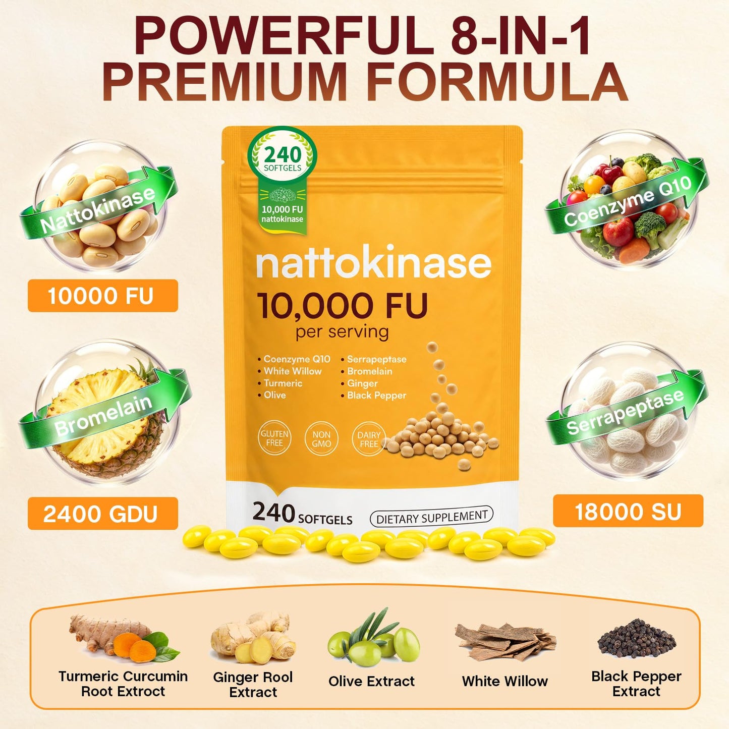 FANGCUN Nattokinase 8 in 1 Softgels, 240 Count, 500mg (10,000 FU) Per Serving