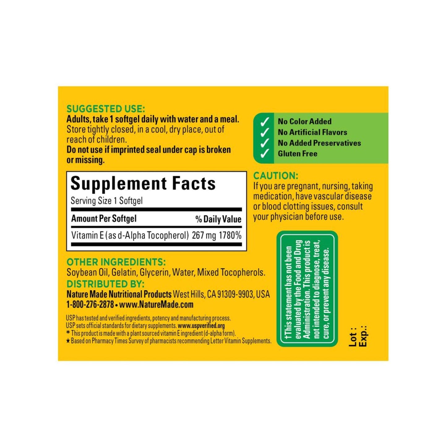 Nature Made Plant Sourced Vitamin E 267 mg (400 IU) d-Alpha Softgels, 300 Count