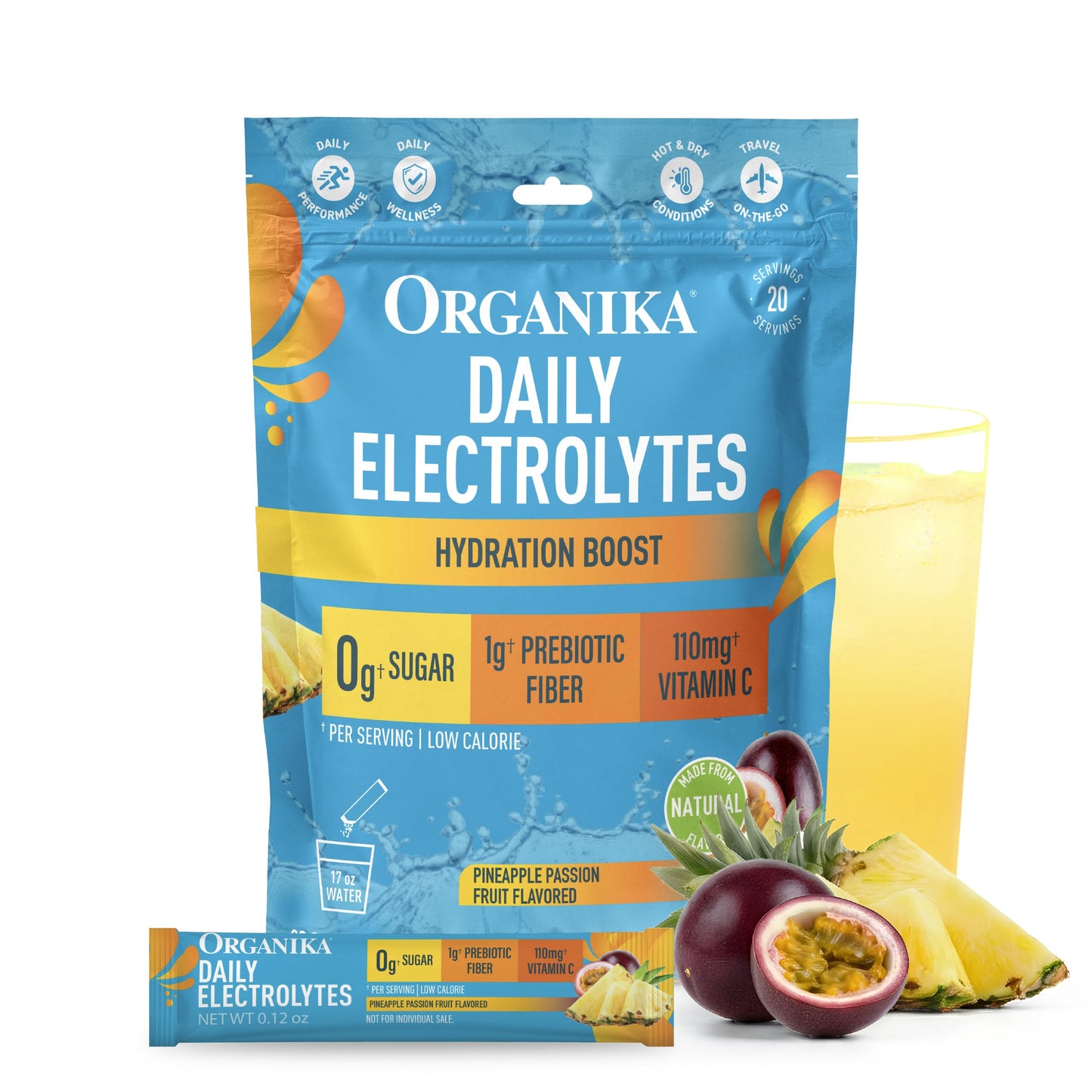 Organika Electrolytes Powder Pineapple Passionfruit Sachets On-The-Go, Sugar-Free Hydration and Electrolyte Replenishment with Prebiotics and Vitamin C, 2.47 Ounce (Pack of 1)