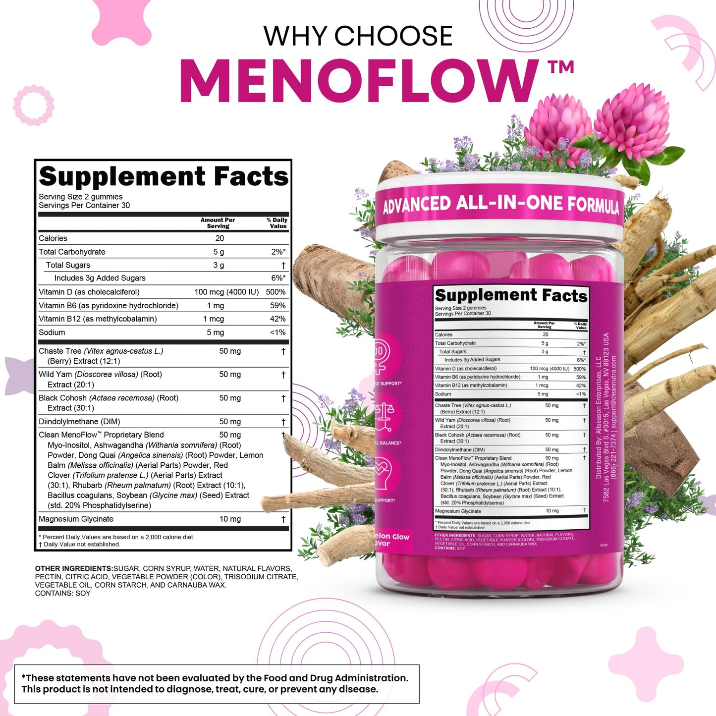Clean Nutraceuticals Menopause Gummies with DIM, Vitex (Chasteberry), Wild Yam, Black Cohosh, Red Clover, Inositol, Magnesium Glycinate, B6, Glycine, 60 Count