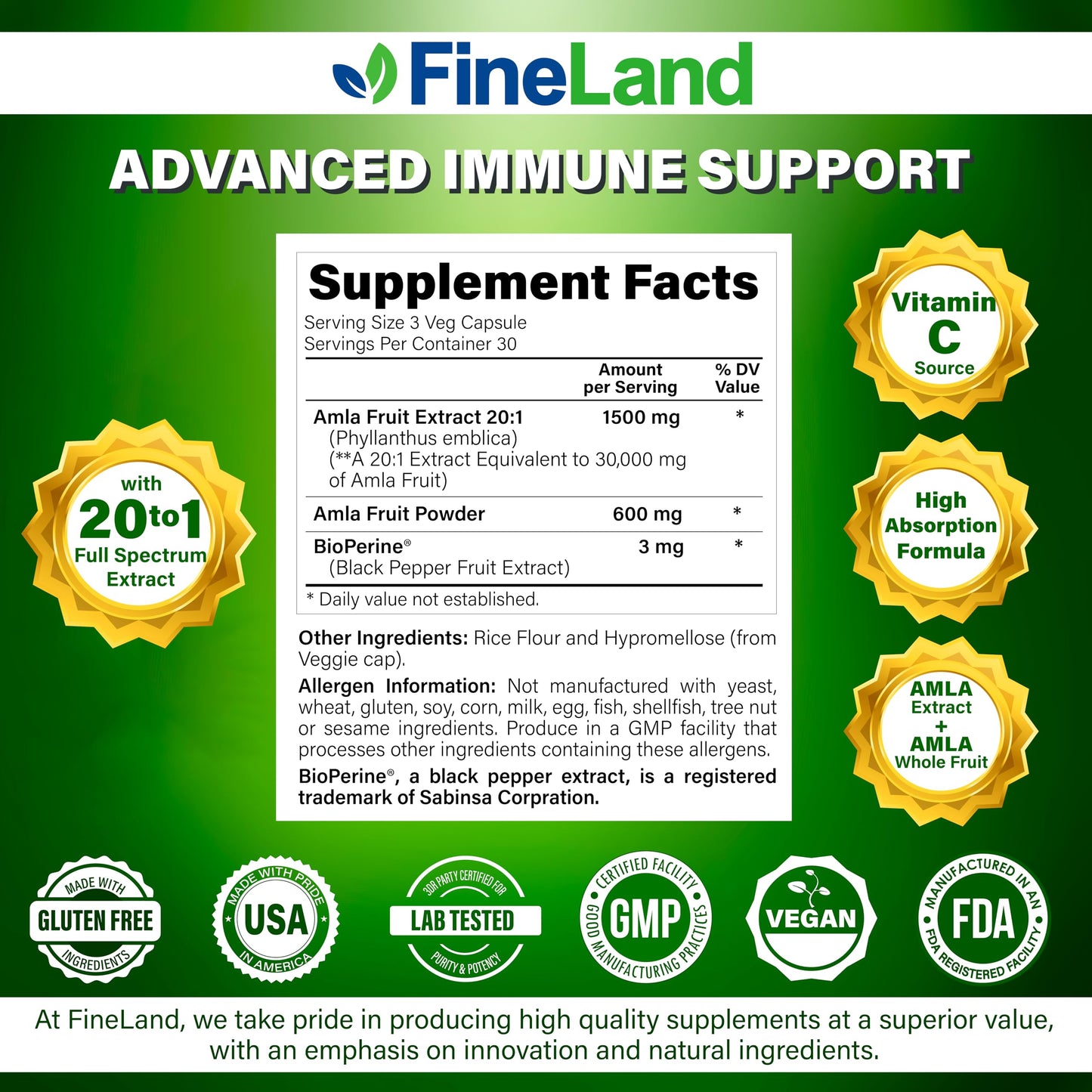 FineLand Amla (Indian Gooseberry) Full Spectrum Extract with BioPerine for Absorption, Immune & Digestive Support, 90 Capsules